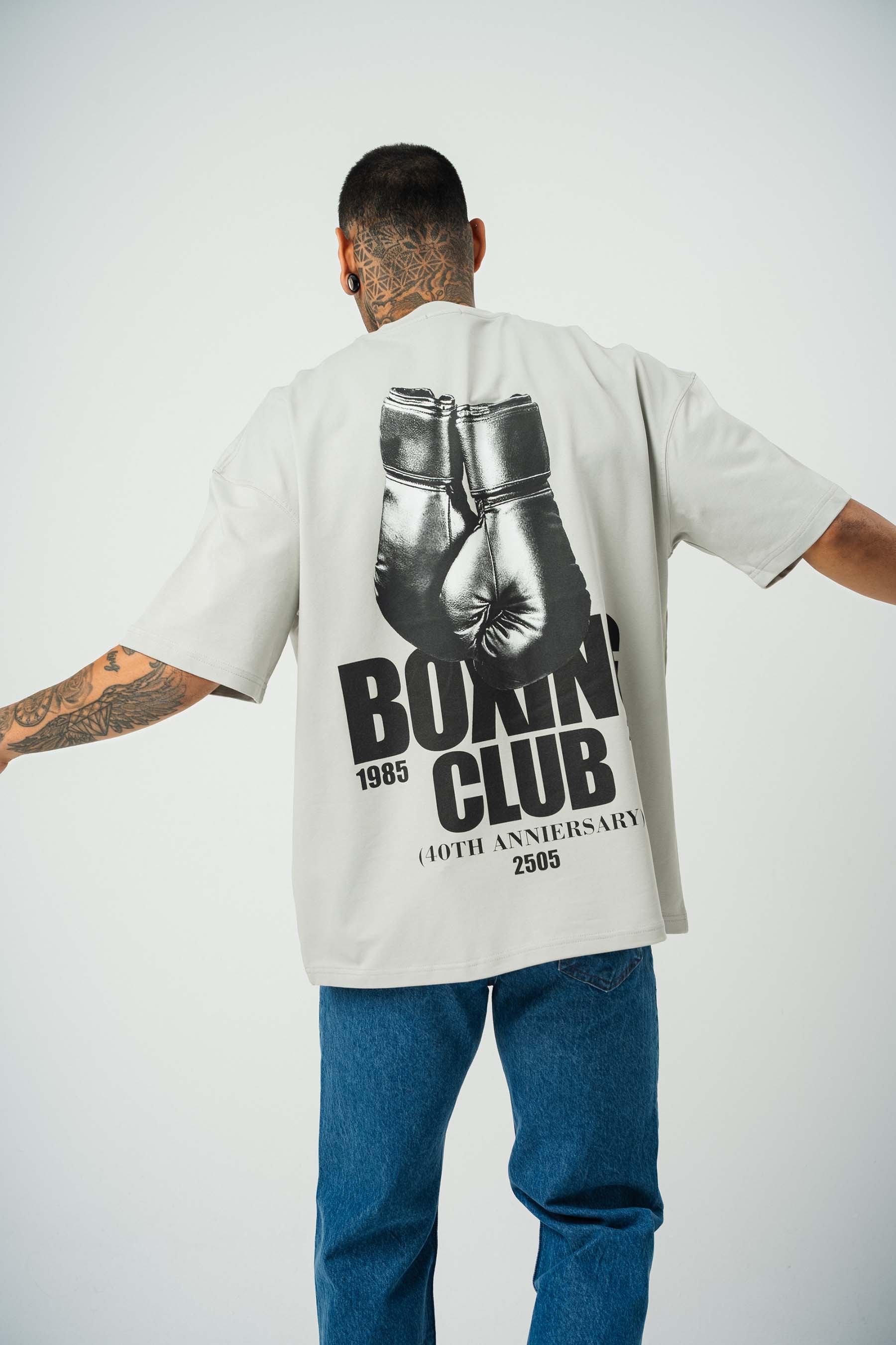 Boxing Club Baskılı Gri Oversize T-Shirt