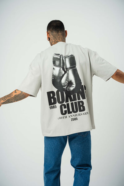 Boxing Club Baskılı Gri Oversize T-Shirt