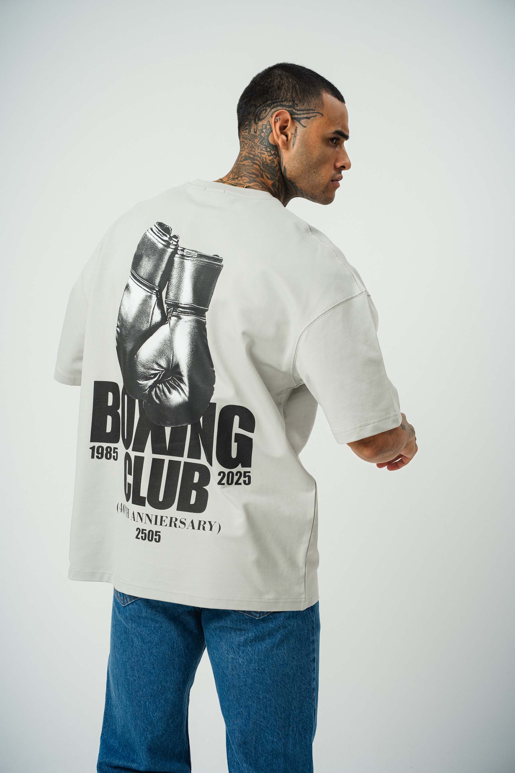 Boxing Club Baskılı Gri Oversize T-Shirt