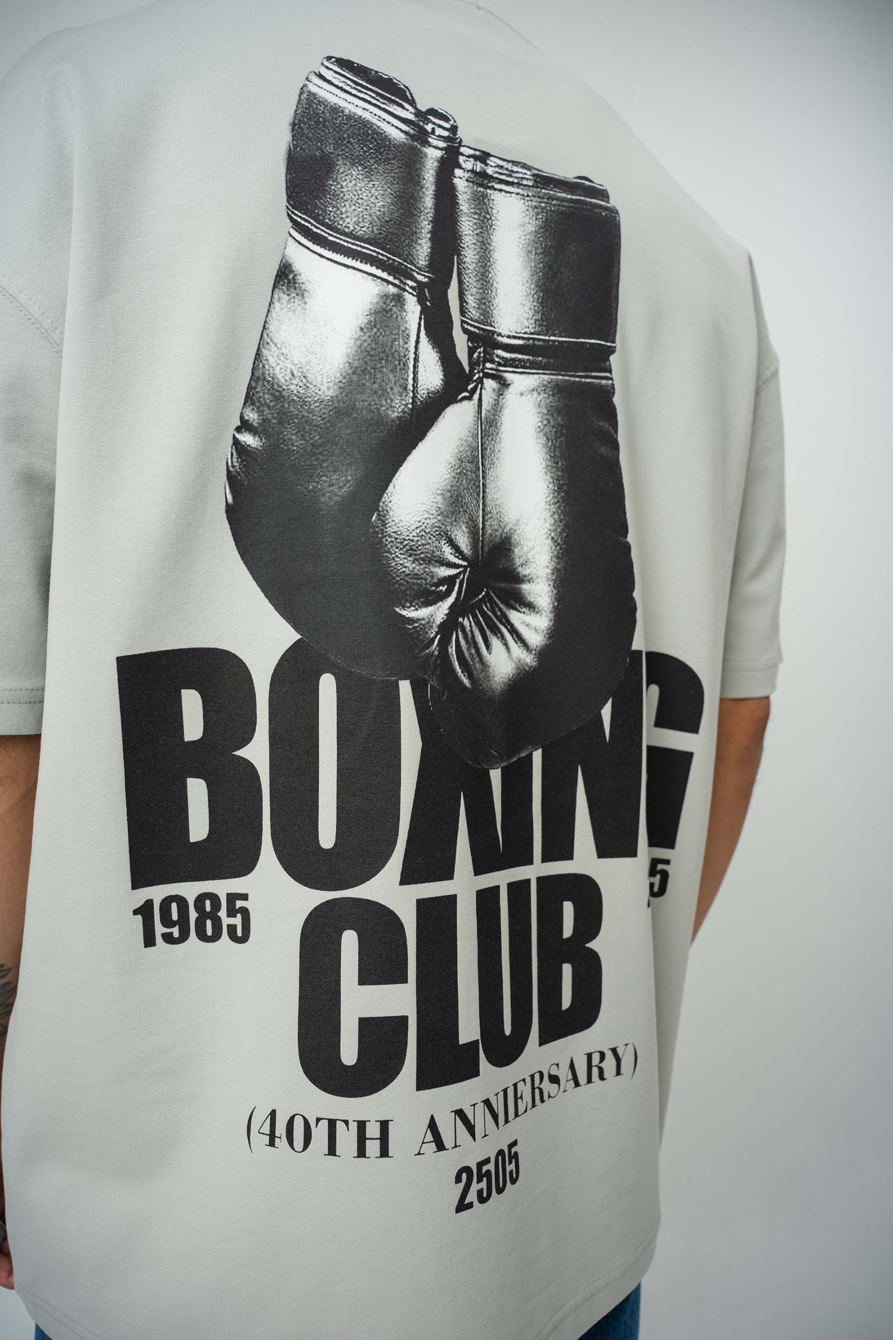 Boxing Club Baskılı Gri Oversize T-Shirt