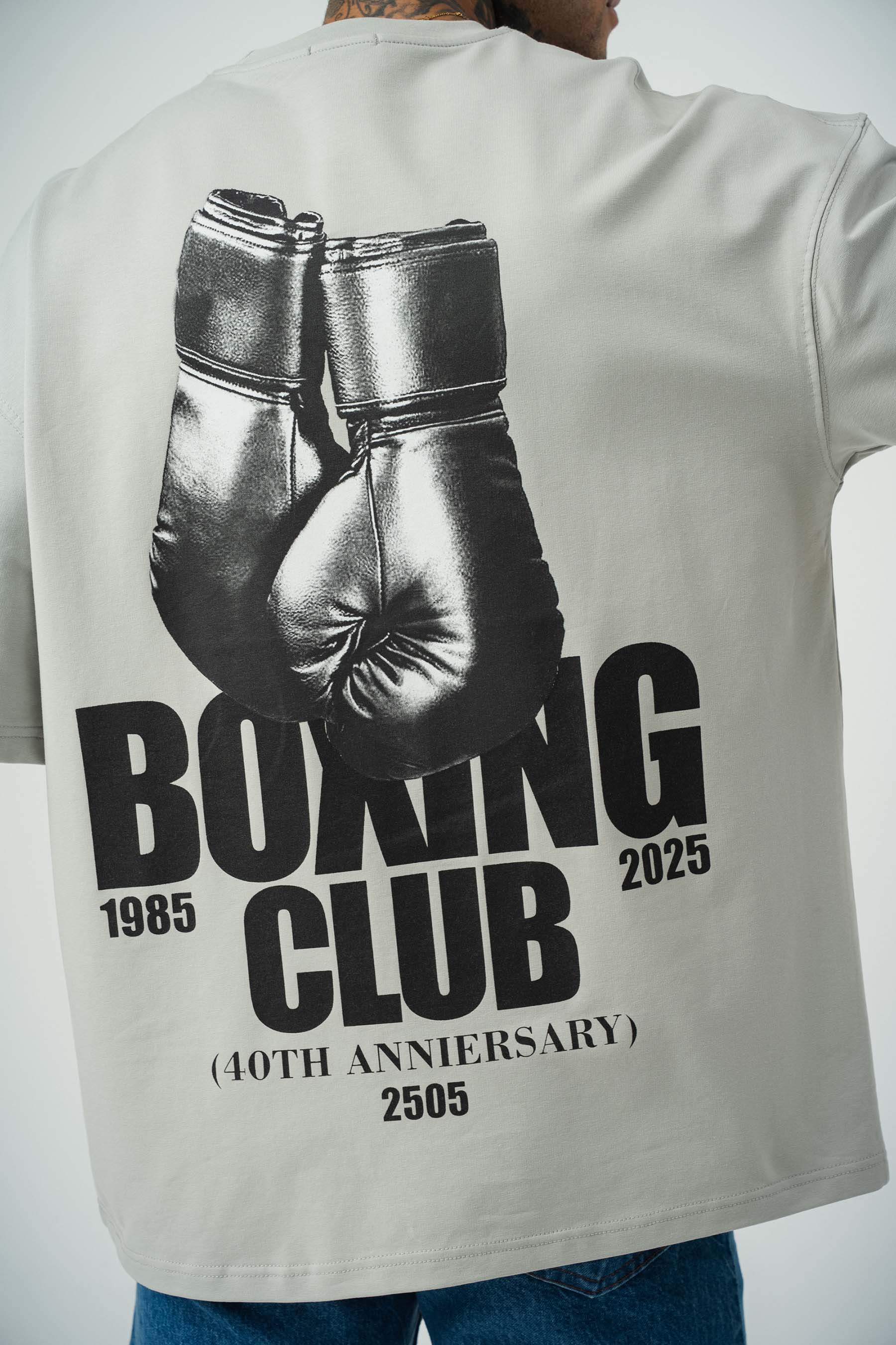 Boxing Club Baskılı Gri Oversize T-Shirt