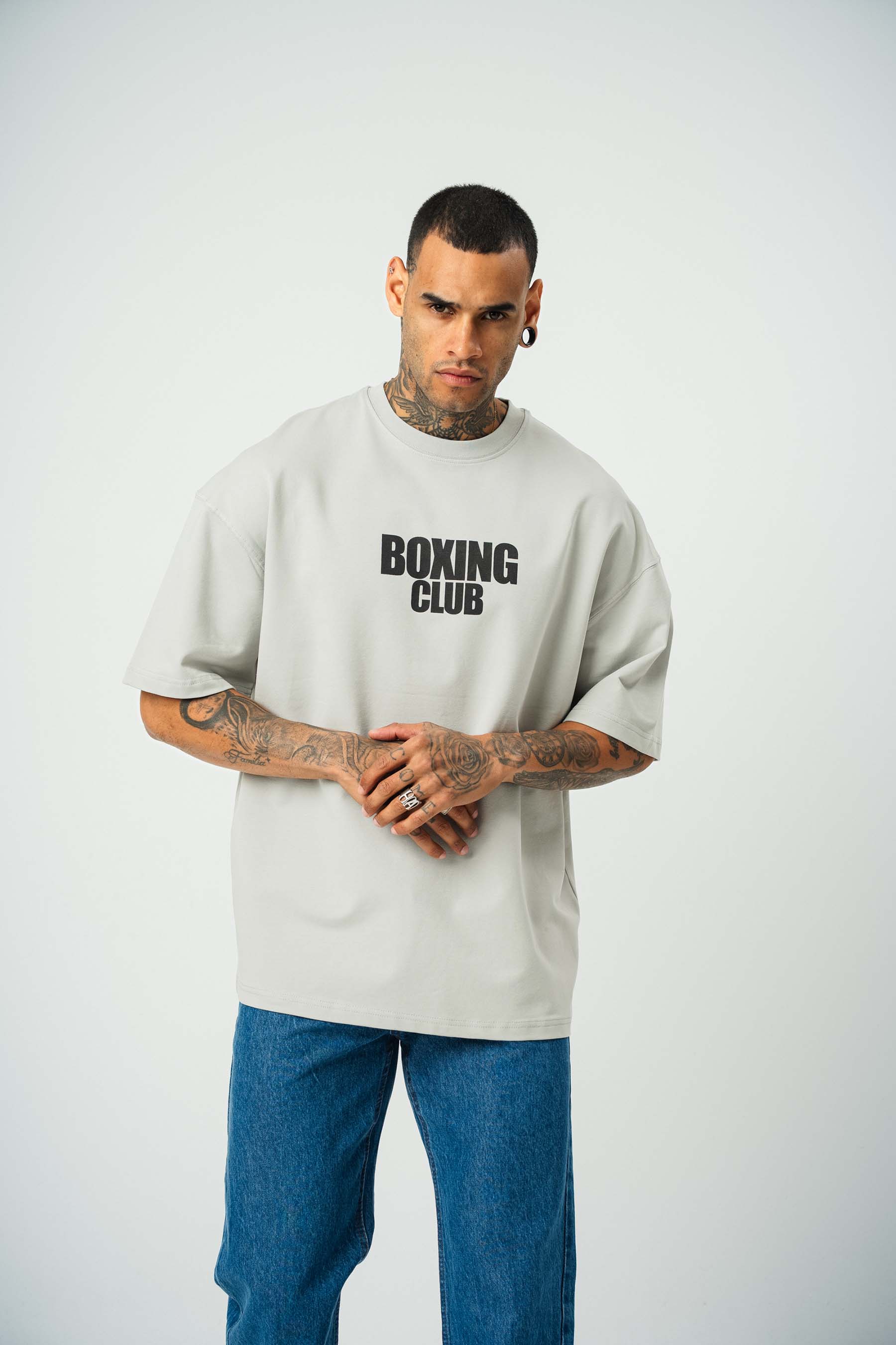 Boxing Club Baskılı Gri Oversize T-Shirt