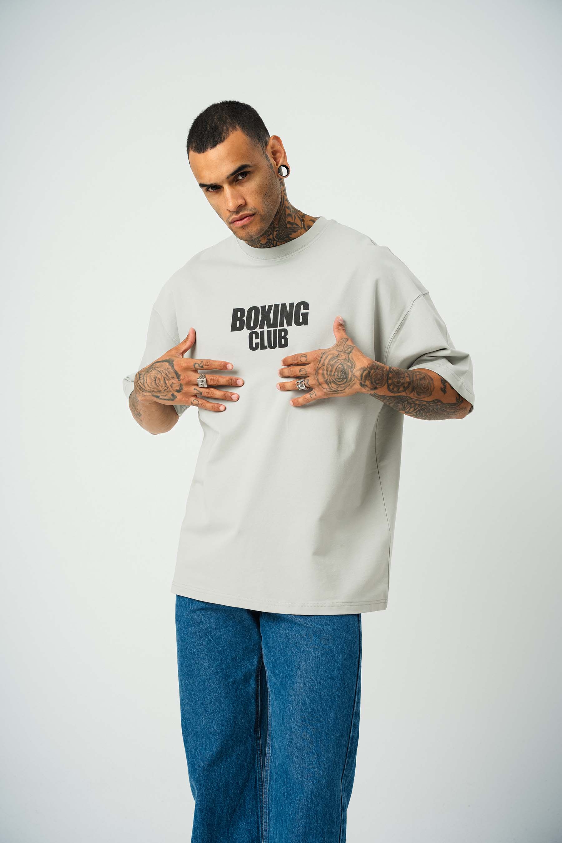 Boxing Club Baskılı Gri Oversize T-Shirt