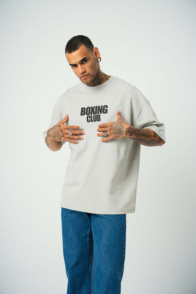 Boxing Club Baskılı Gri Oversize T-Shirt