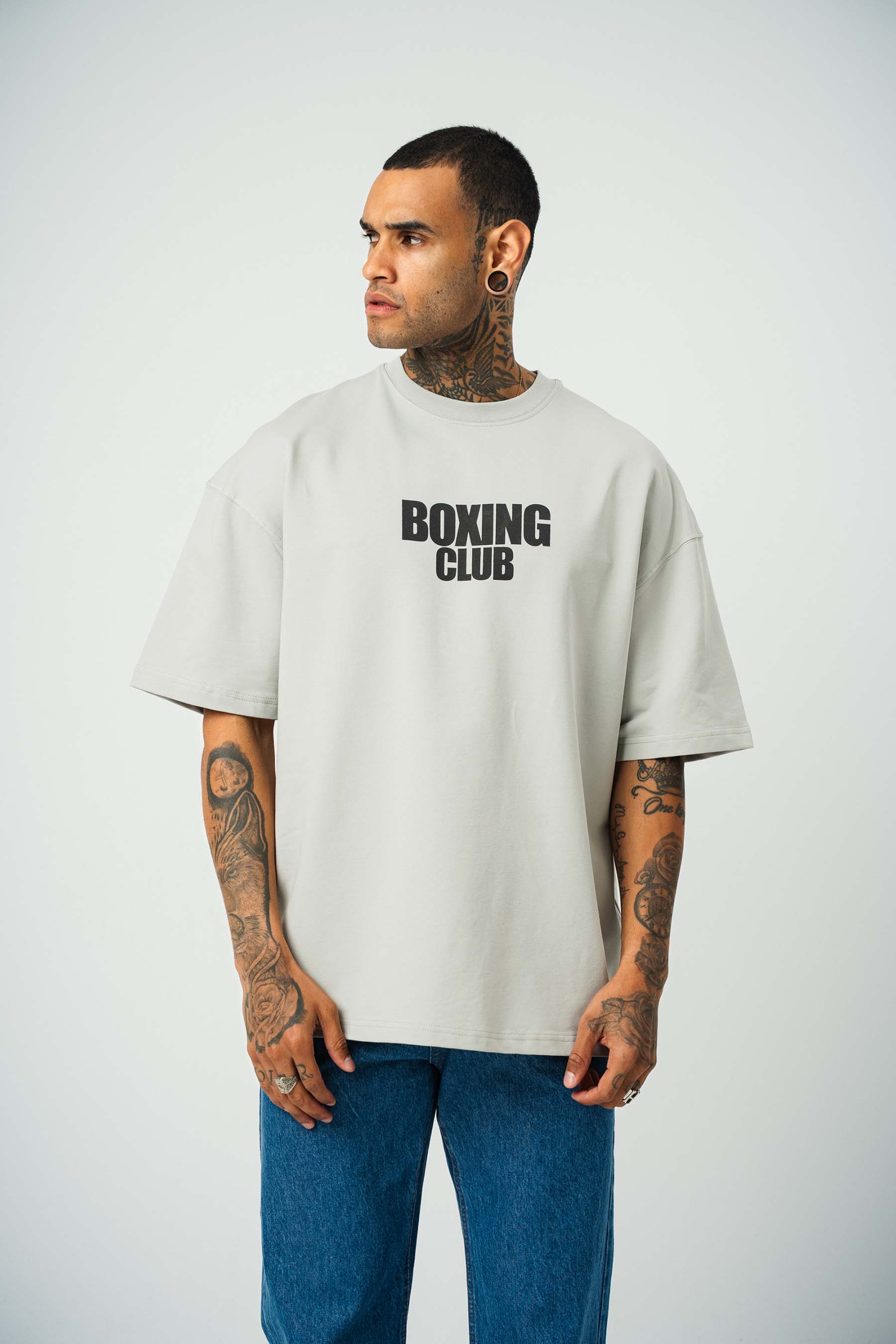 Boxing Club Baskılı Gri Oversize T-Shirt