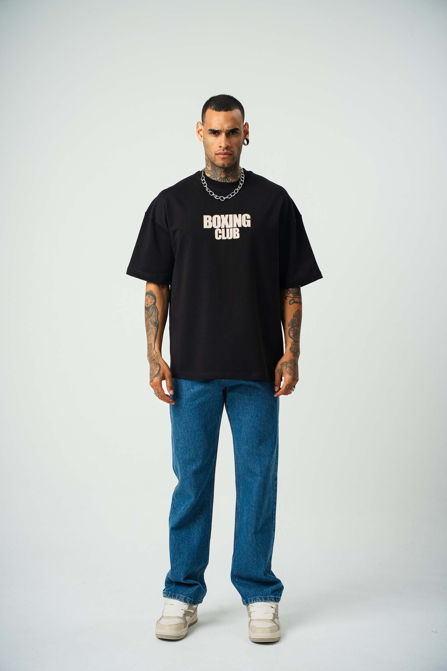Boxing Club Baskılı Siyah Oversize T-Shirt