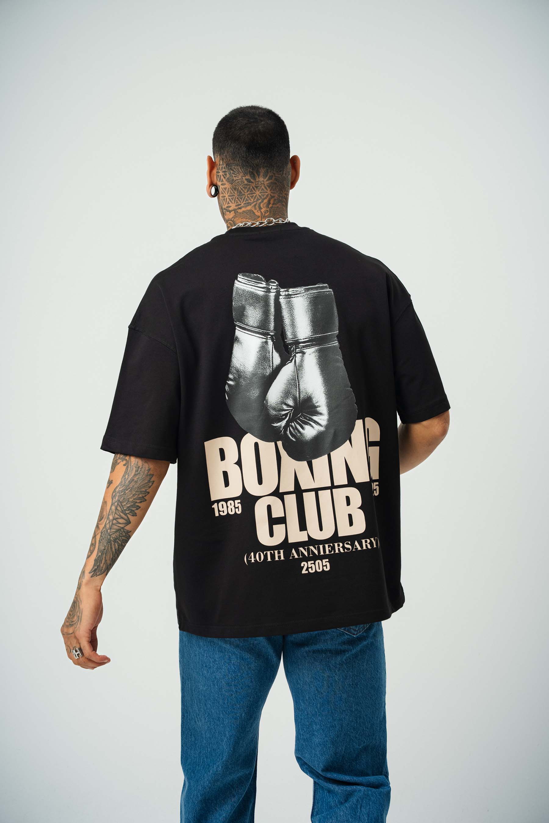 Boxing Club Baskılı Siyah Oversize T-Shirt