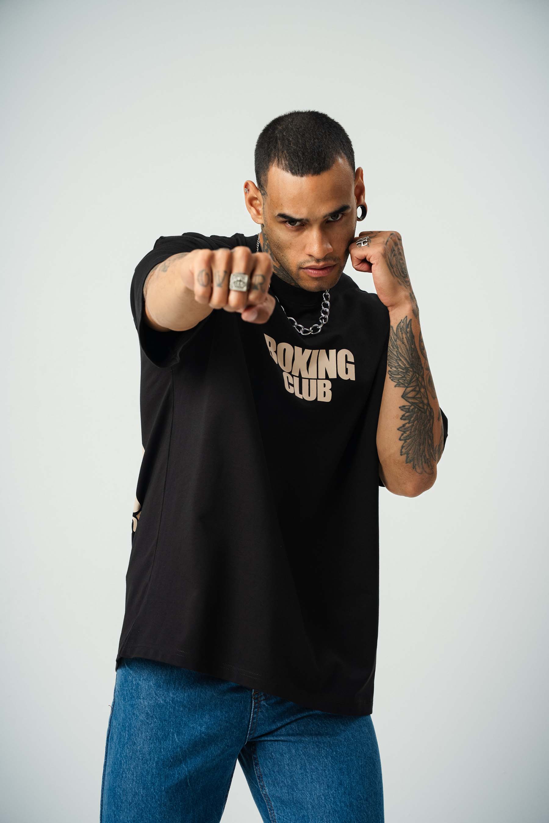 Boxing Club Baskılı Siyah Oversize T-Shirt