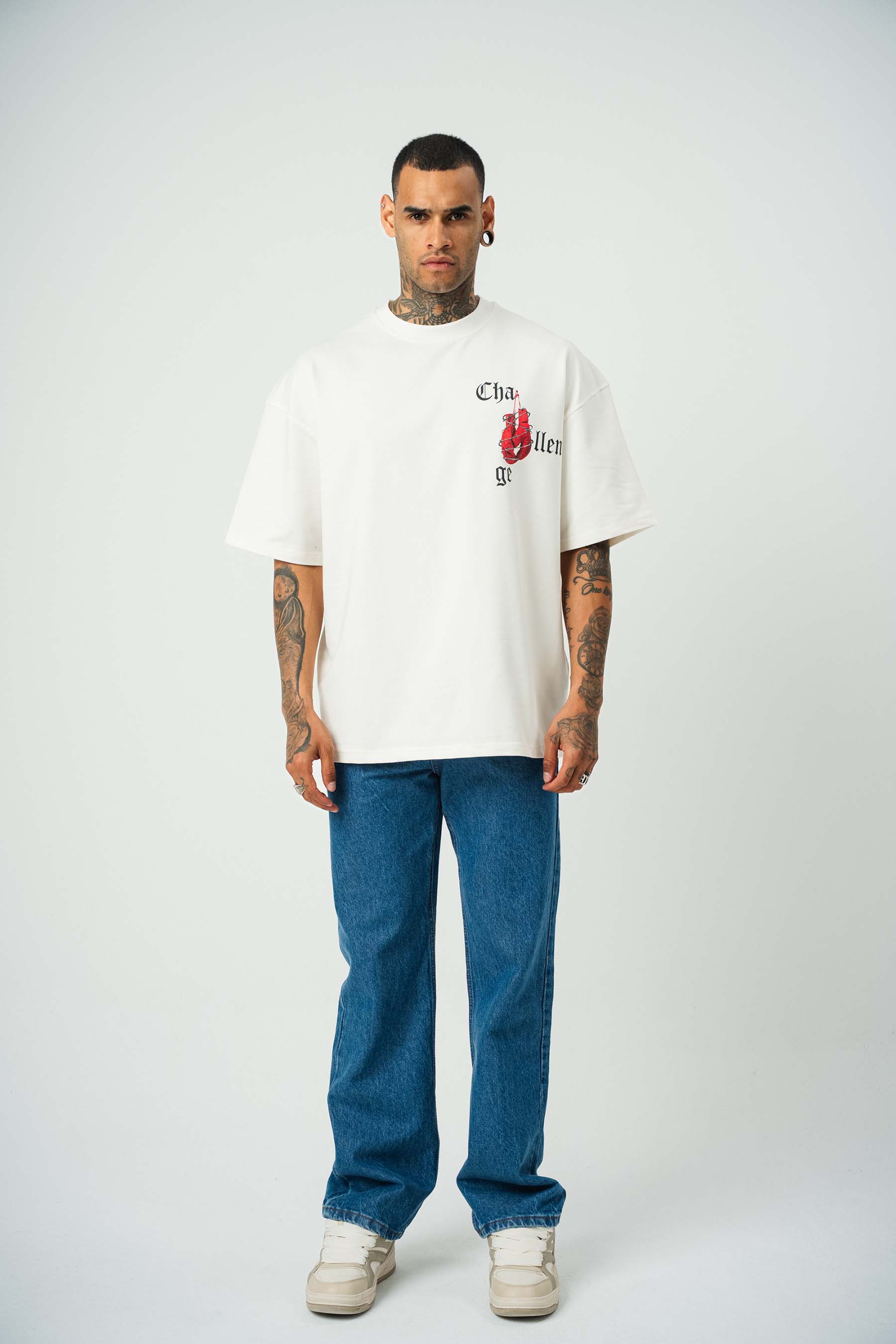 Challange Baskılı Beyaz Oversize T-Shirt