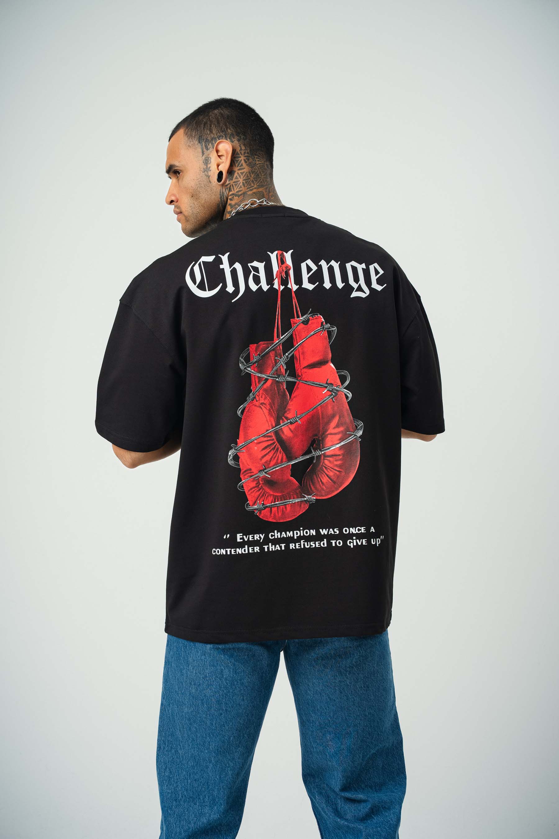 Challange Baskılı Siyah Oversize T-Shirt