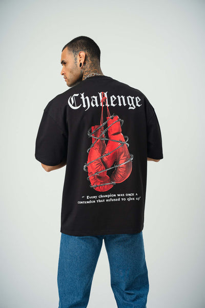 Challange Baskılı Siyah Oversize T-Shirt