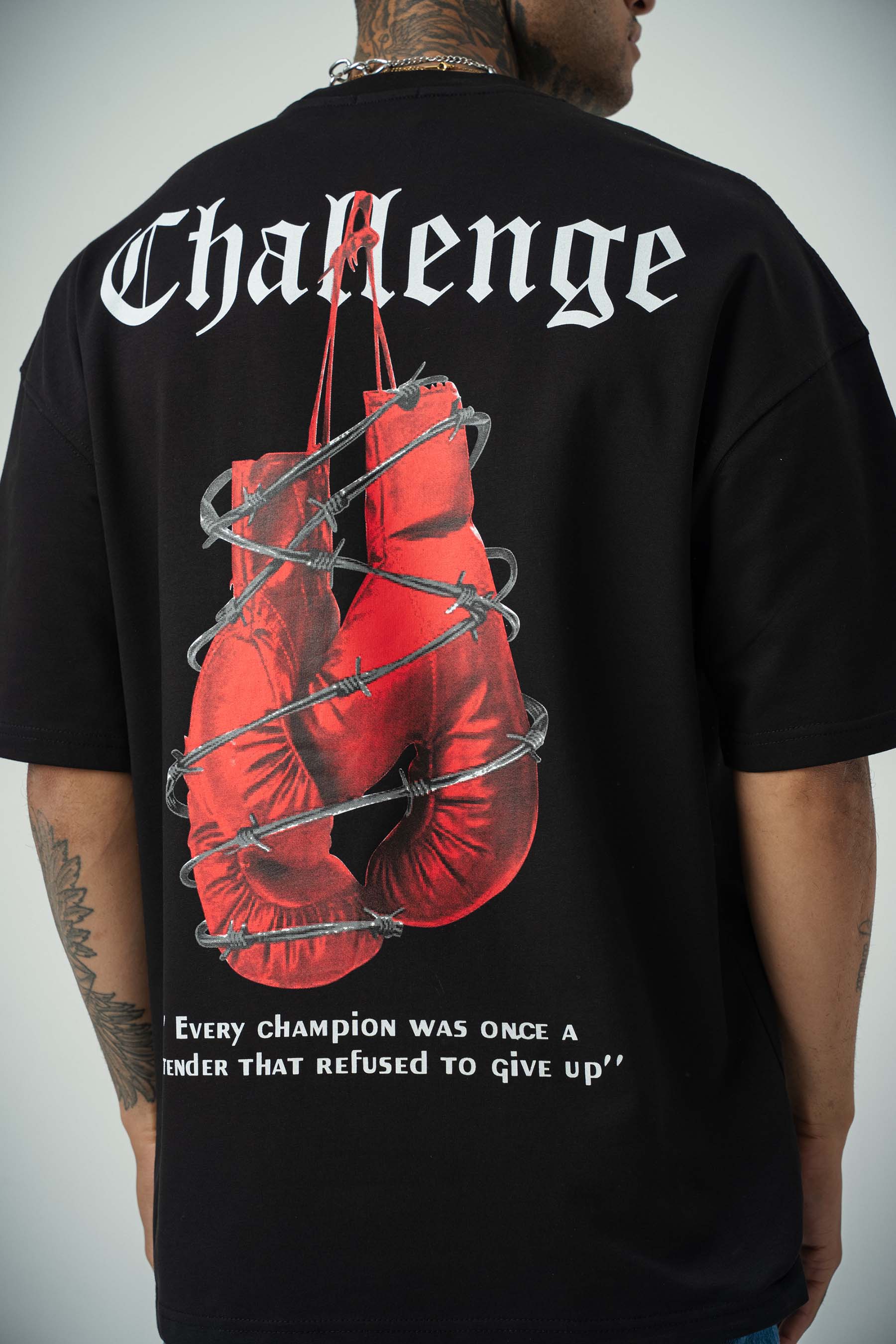 Challange Baskılı Siyah Oversize T-Shirt