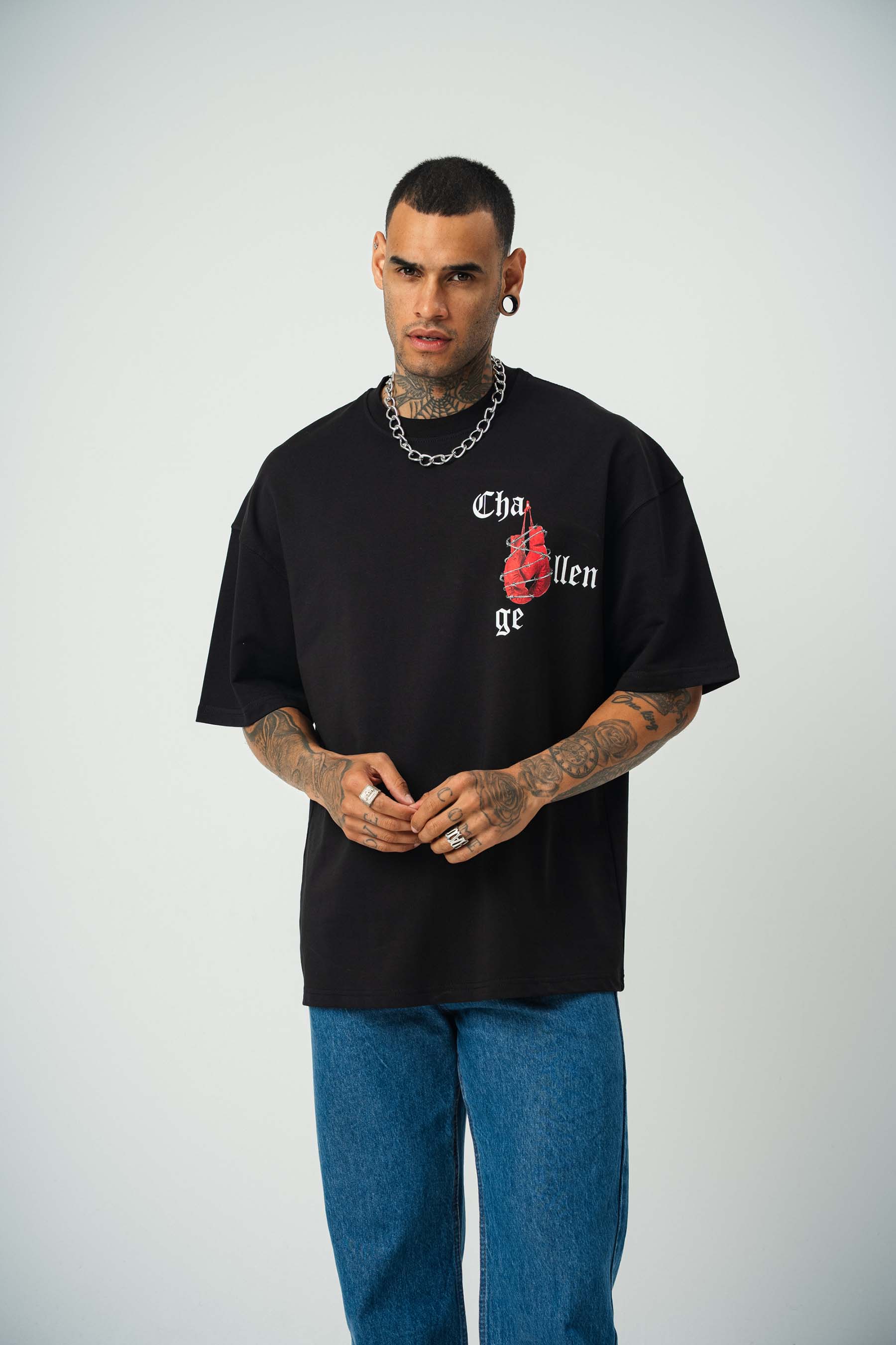 Challange Baskılı Siyah Oversize T-Shirt