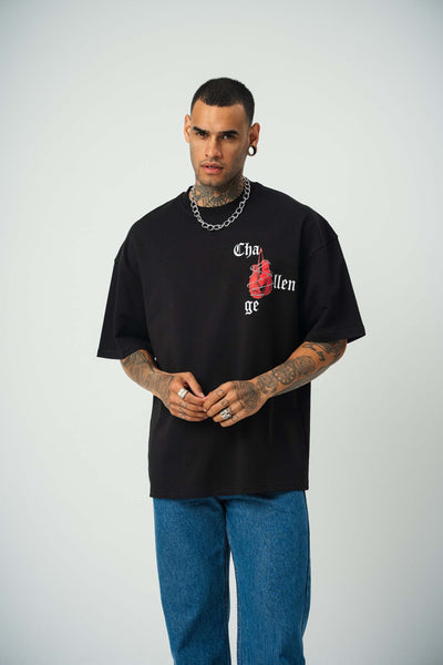 Challange Baskılı Siyah Oversize T-Shirt
