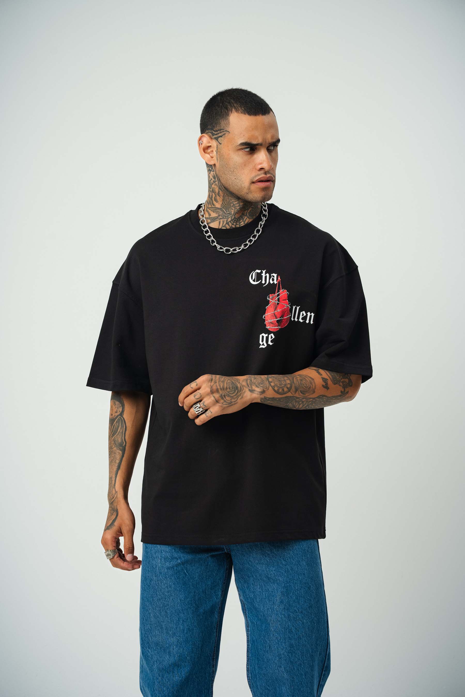 Challange Baskılı Siyah Oversize T-Shirt