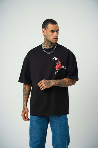 Challange Baskılı Siyah Oversize T-Shirt