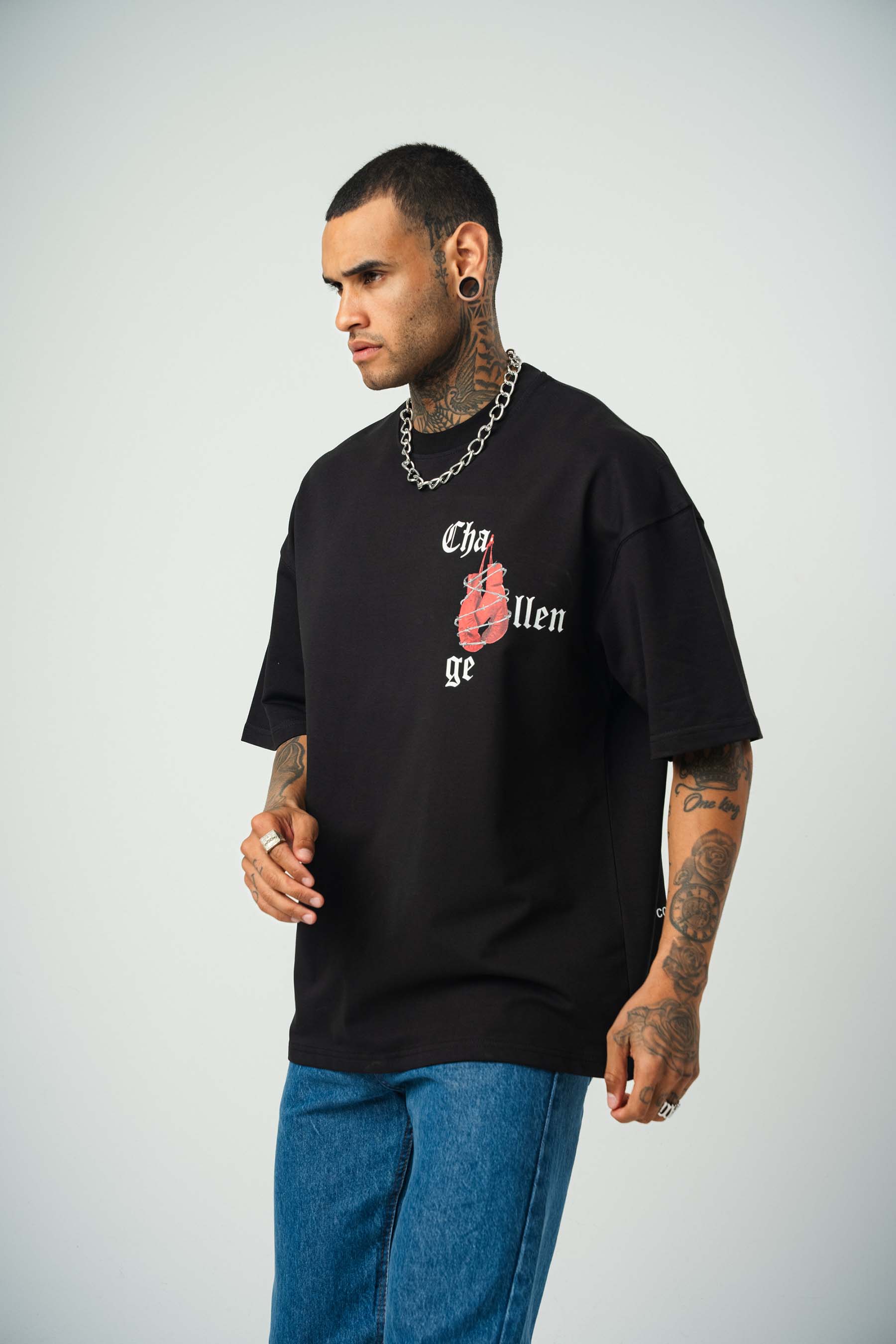 Challange Baskılı Siyah Oversize T-Shirt