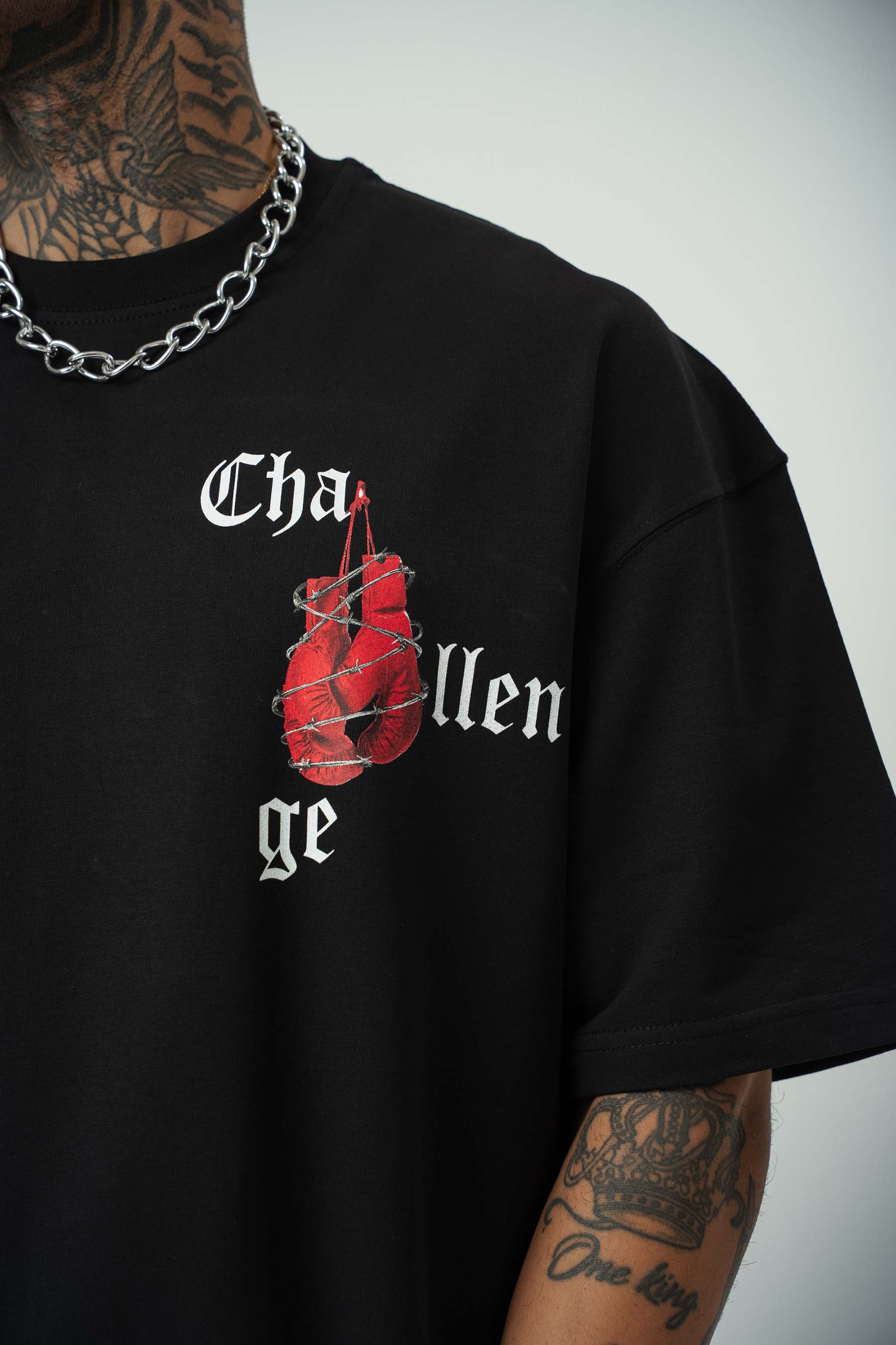 Challange Baskılı Siyah Oversize T-Shirt