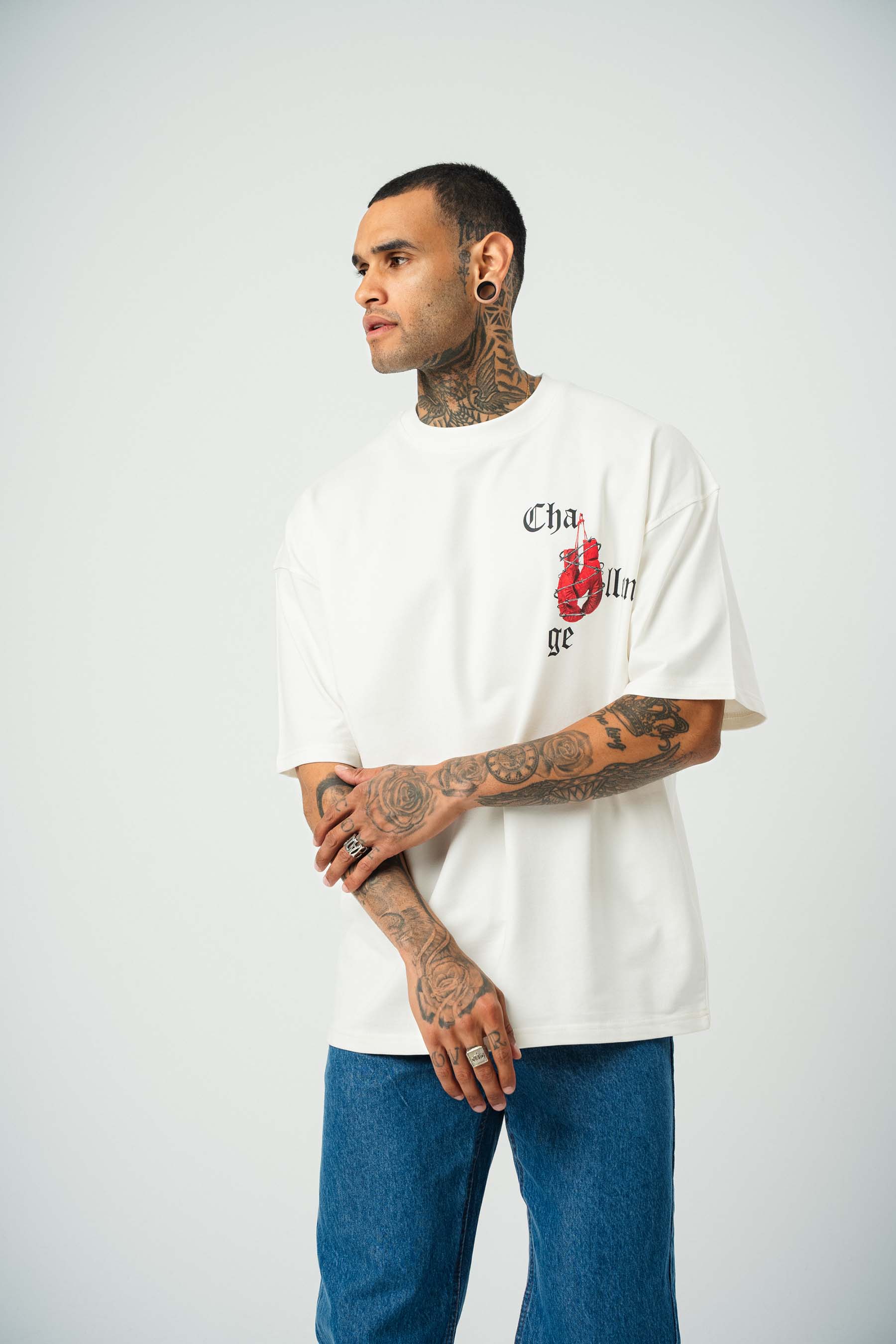 Challange Baskılı Beyaz Oversize T-Shirt