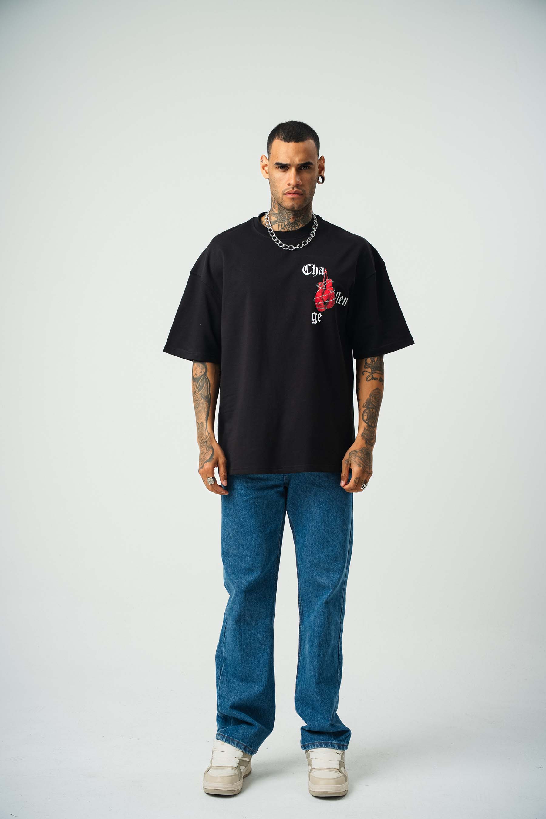 Challange Baskılı Siyah Oversize T-Shirt