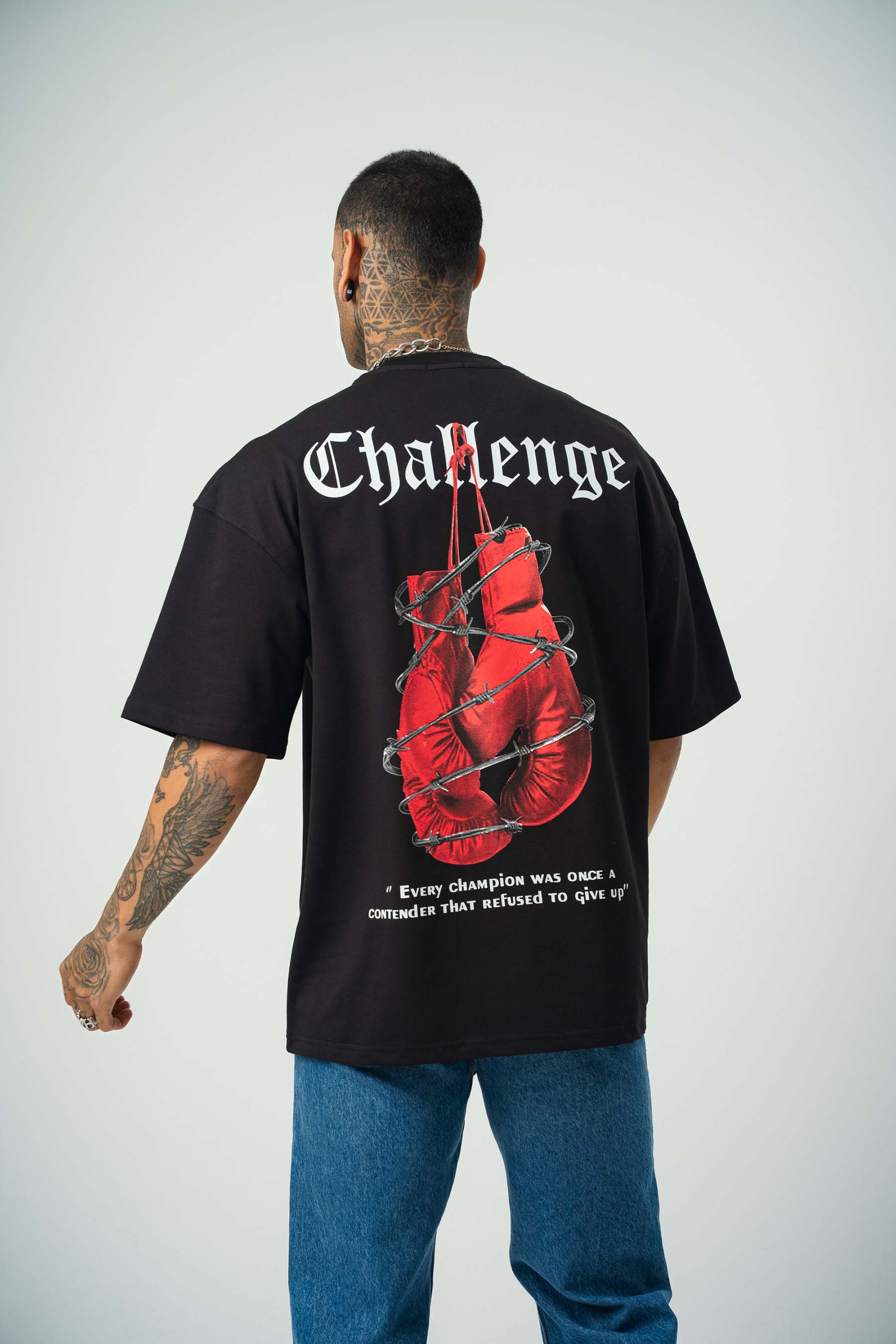 Challange Baskılı Siyah Oversize T-Shirt