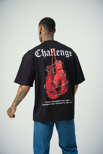 Challange Baskılı Siyah Oversize T-Shirt