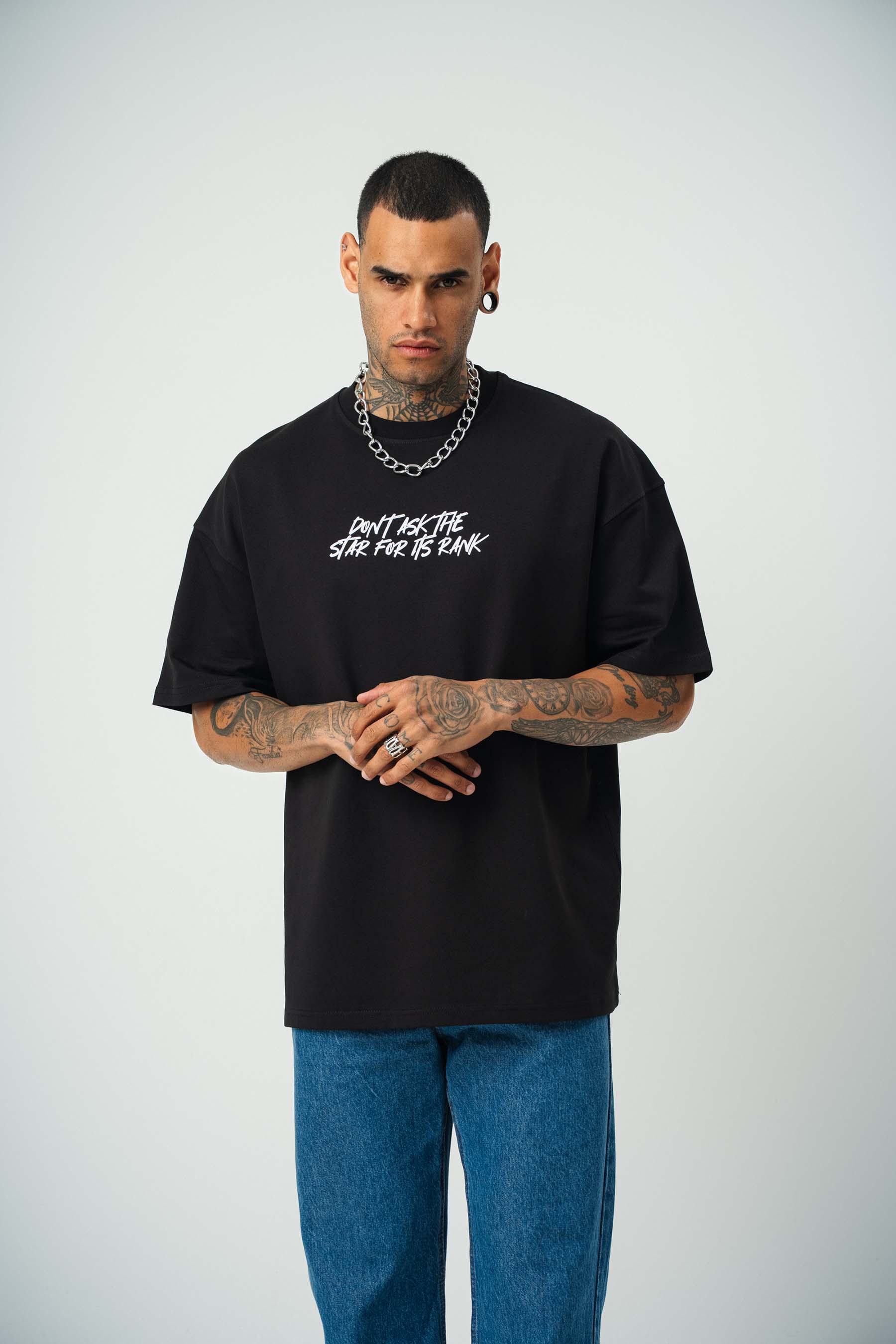 Ethnic Design Baskılı Siyah Oversize T-Shirt