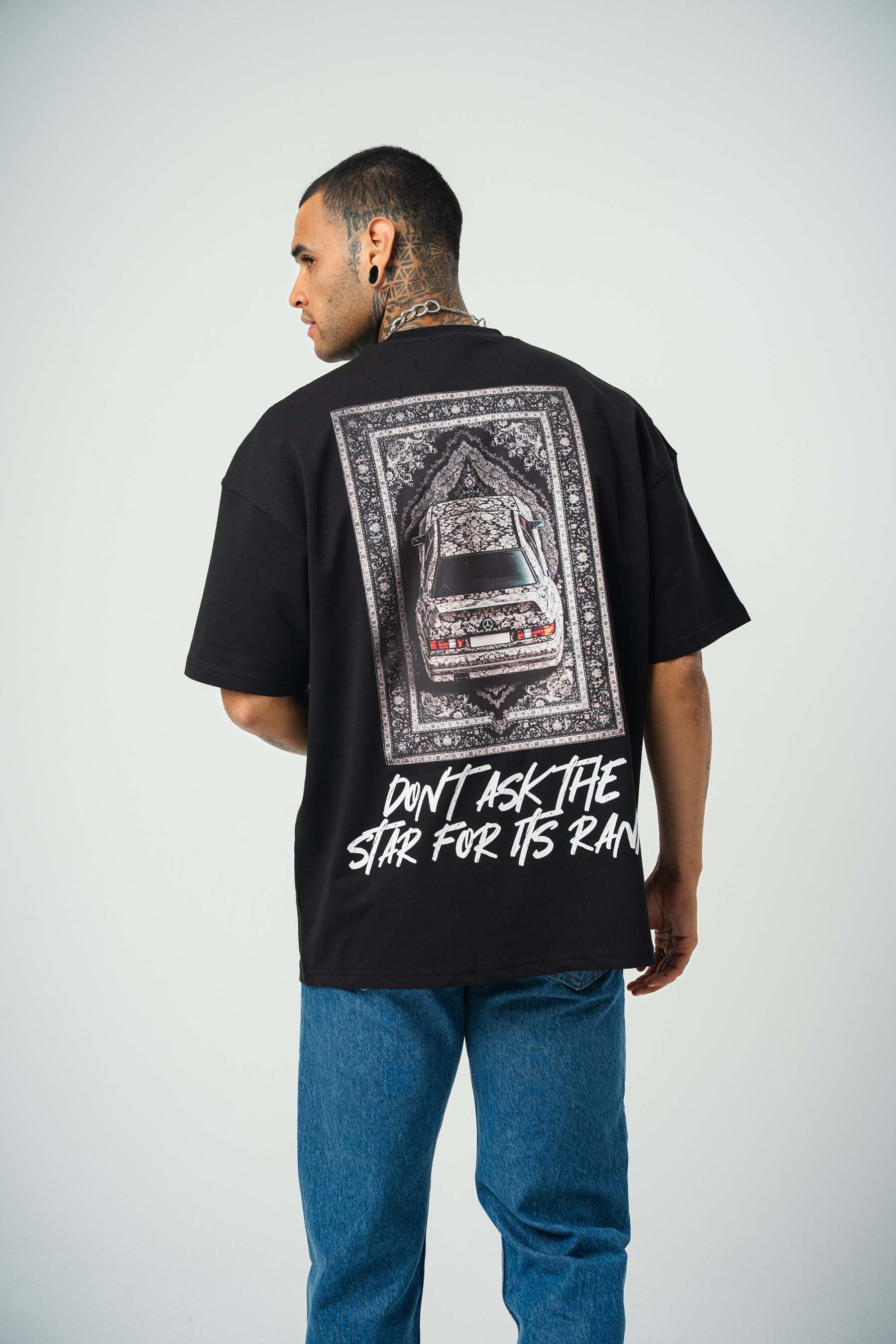 Ethnic Design Baskılı Siyah Oversize T-Shirt