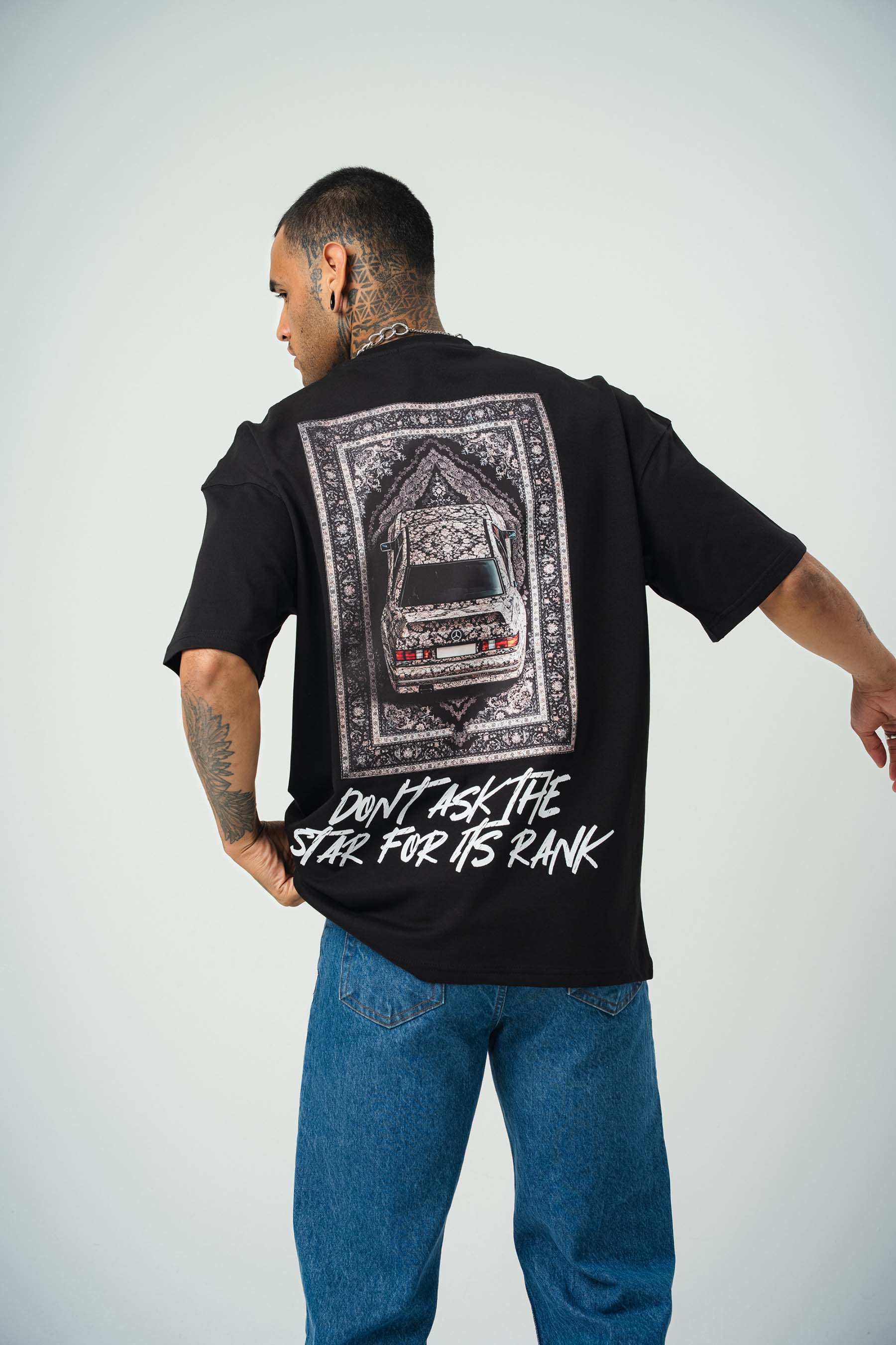 Ethnic Design Baskılı Siyah Oversize T-Shirt