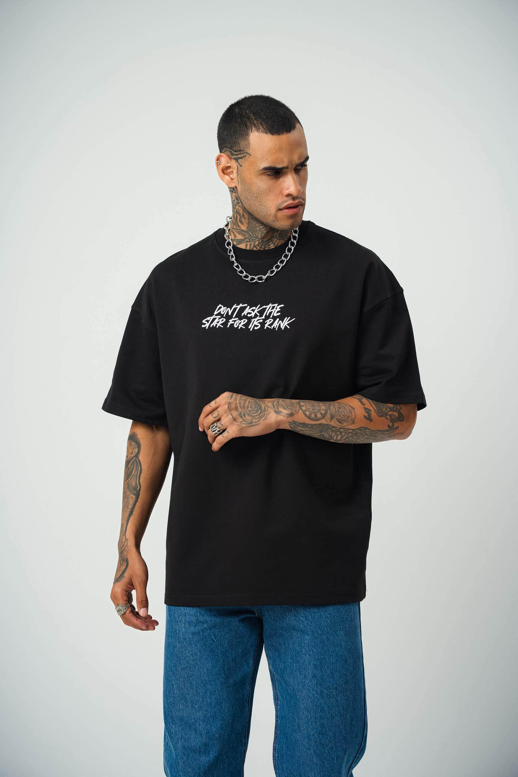 Ethnic Design Baskılı Siyah Oversize T-Shirt