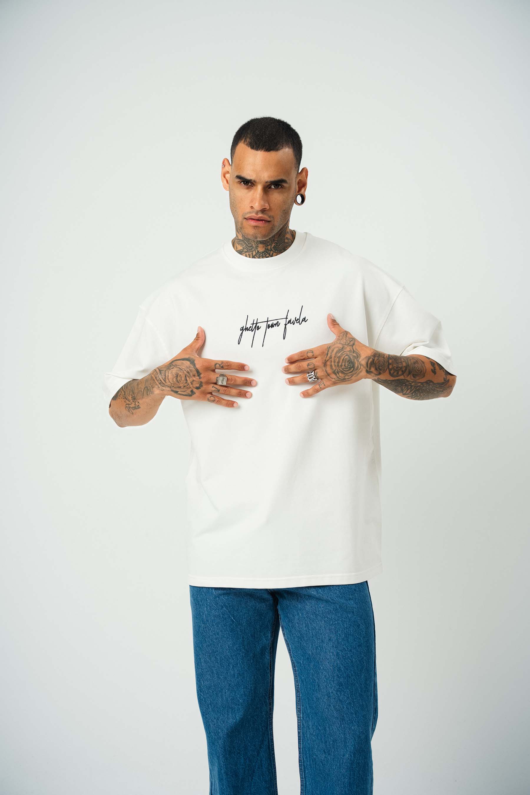 Favela Baskılı Beyaz Oversize T-Shirt