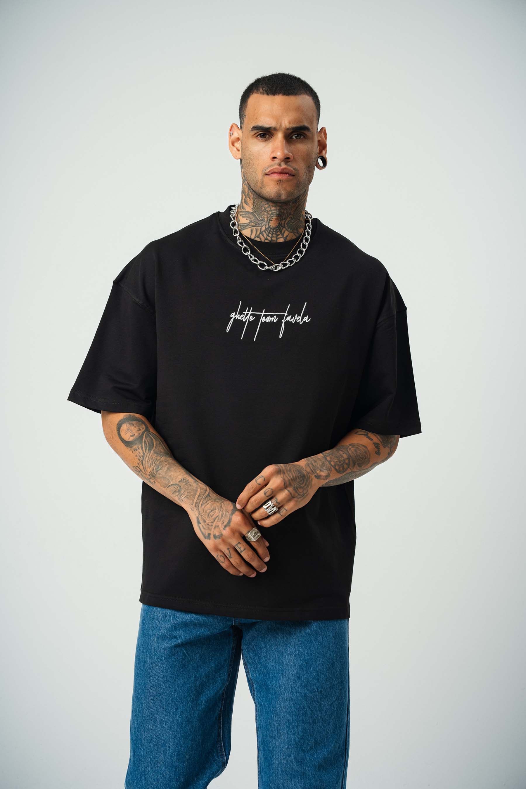 Favela Baskılı Siyah Oversize T-Shirt