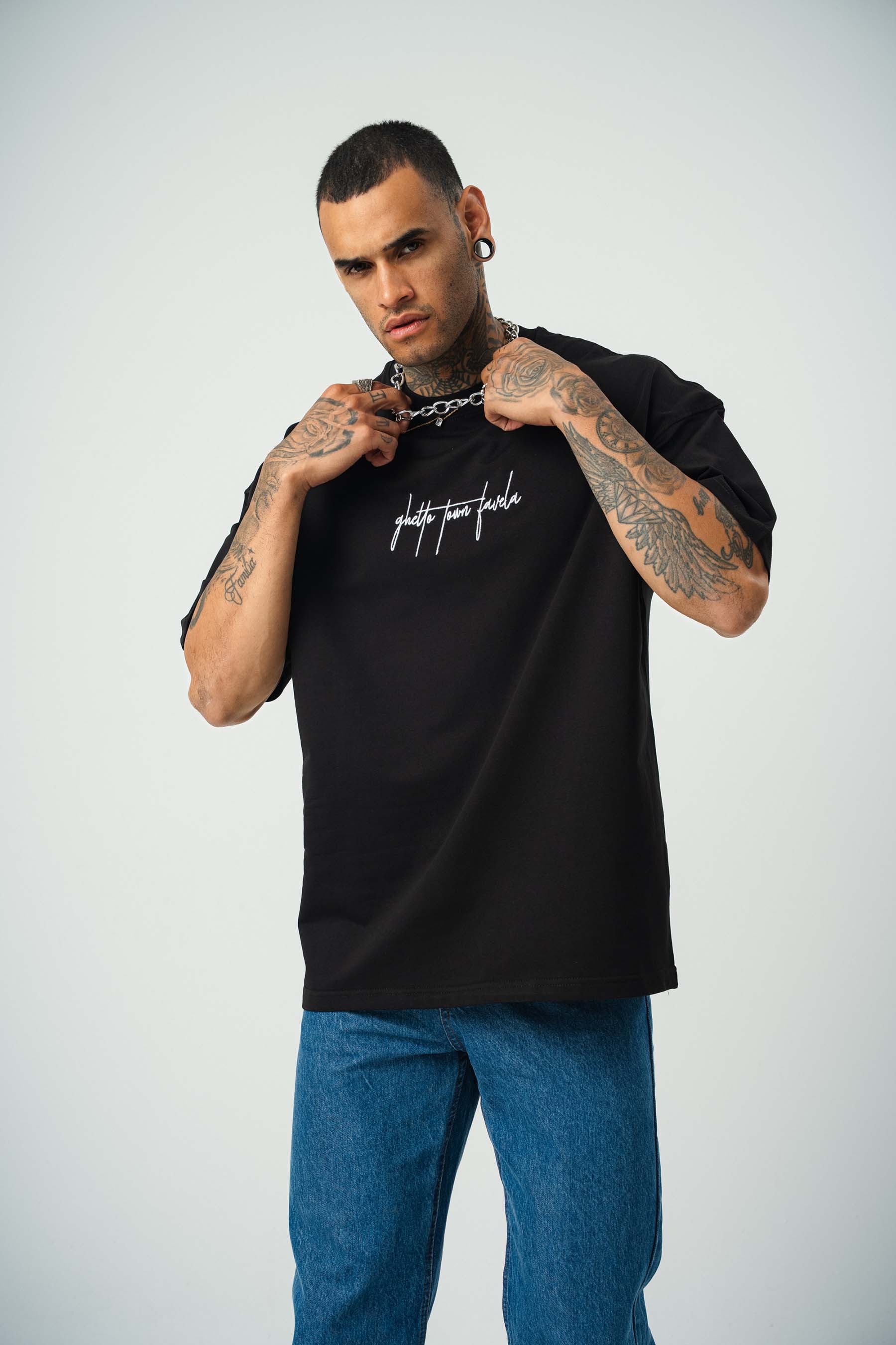 Favela Baskılı Siyah Oversize T-Shirt
