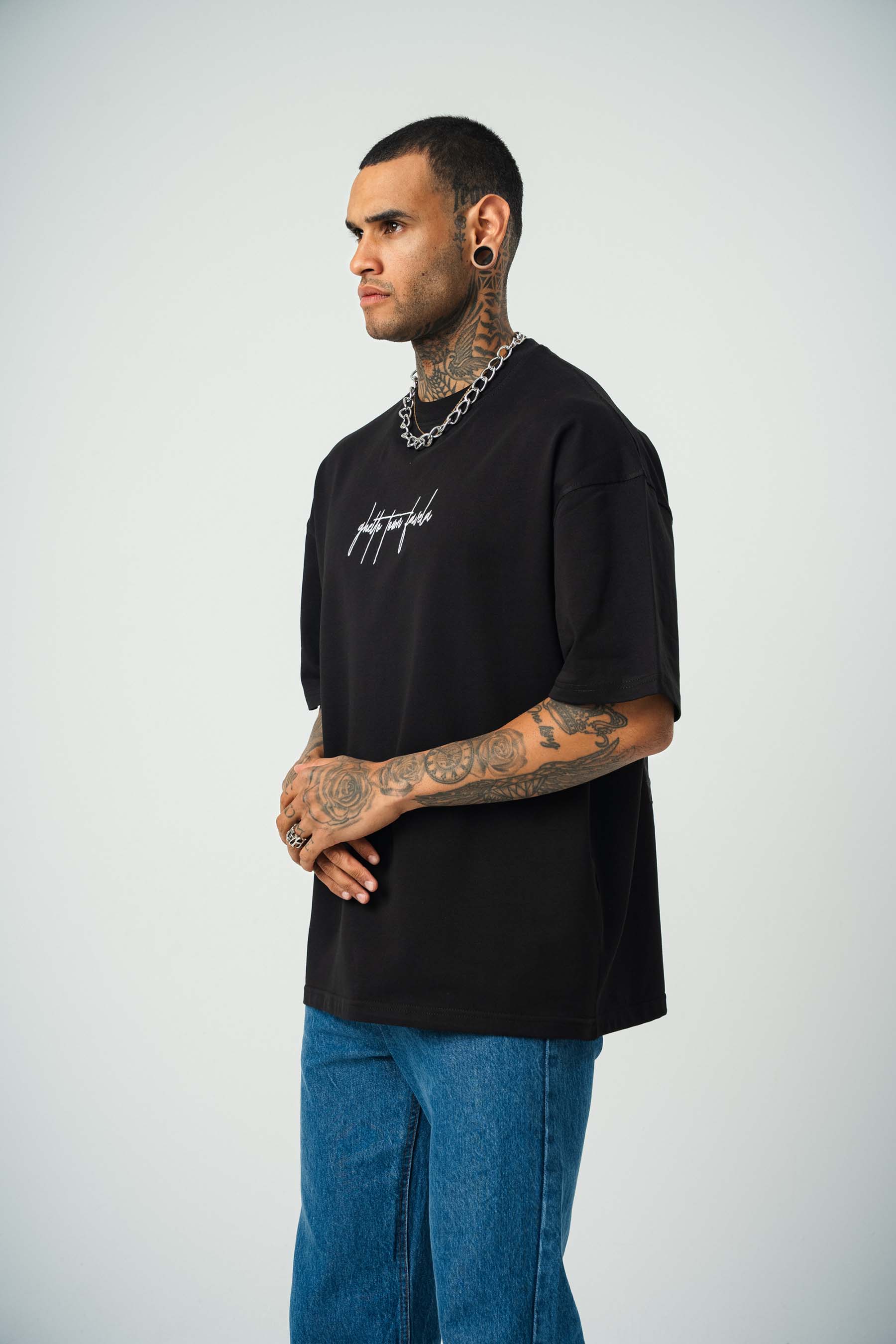 Favela Baskılı Siyah Oversize T-Shirt