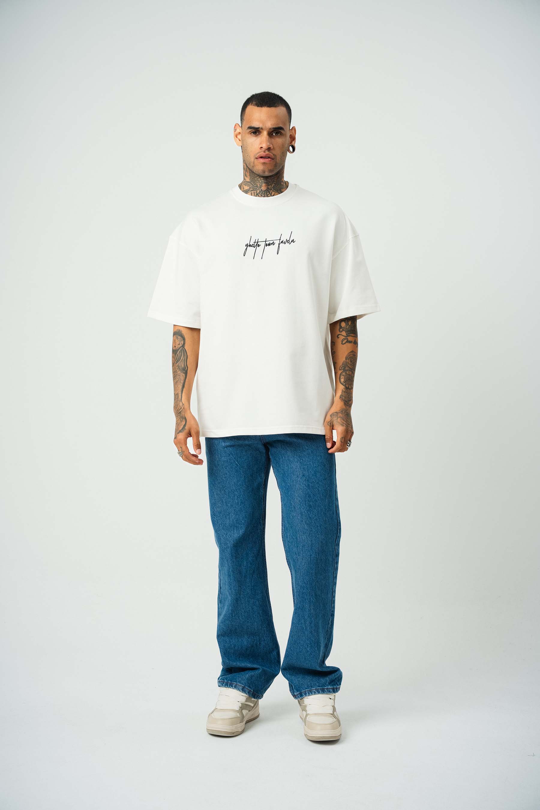Favela Baskılı Beyaz Oversize T-Shirt