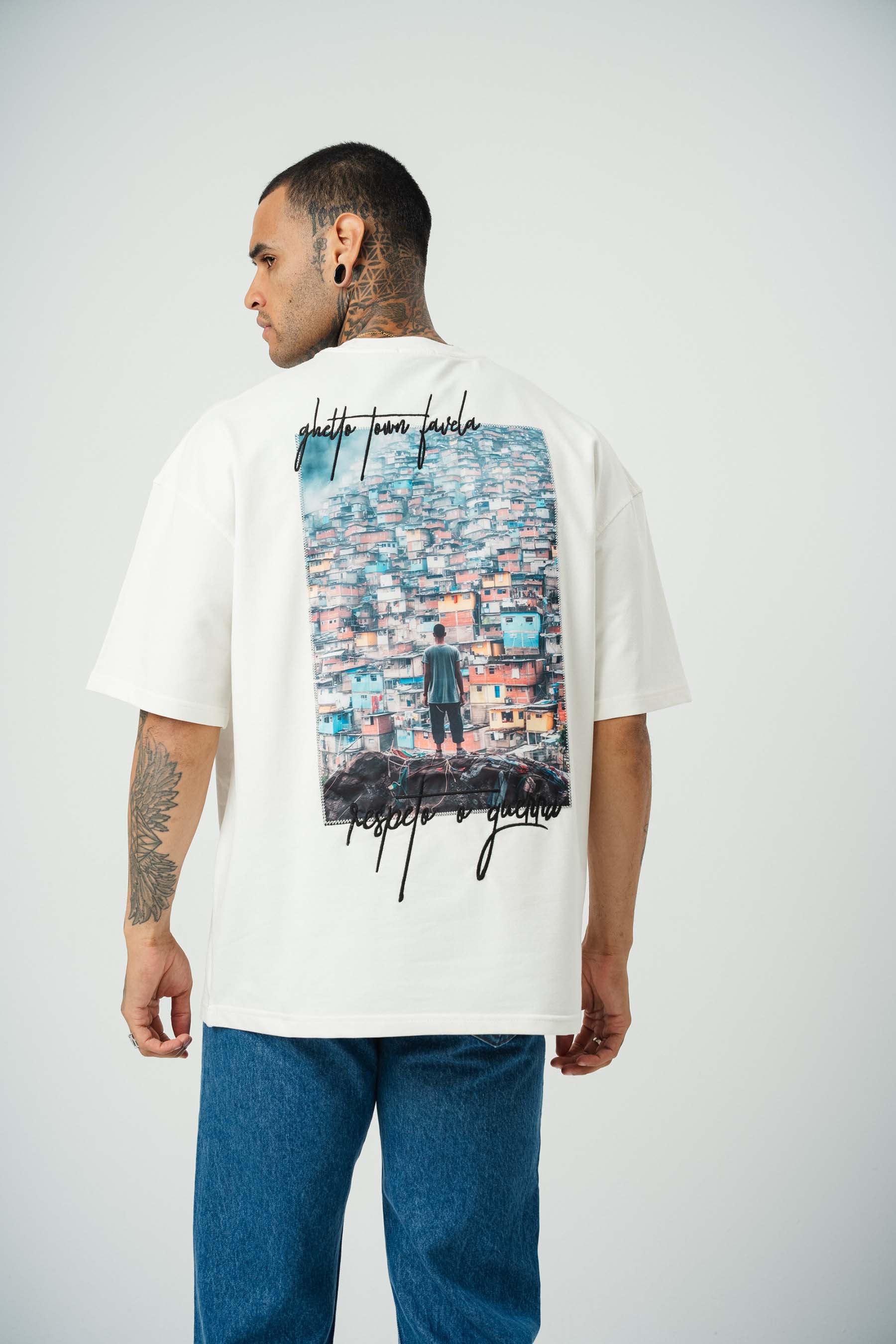 Favela Baskılı Beyaz Oversize T-Shirt