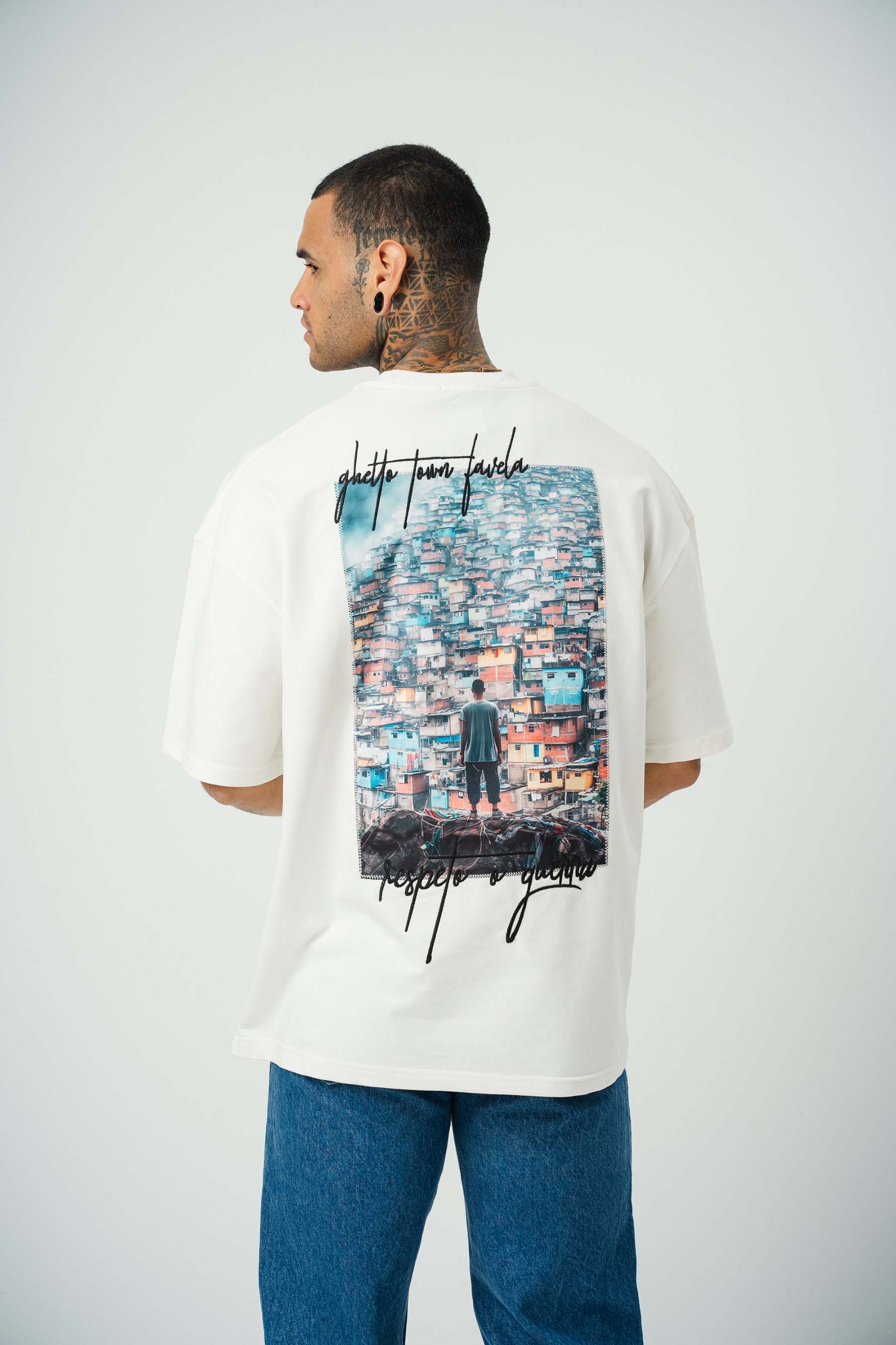 Favela Baskılı Beyaz Oversize T-Shirt