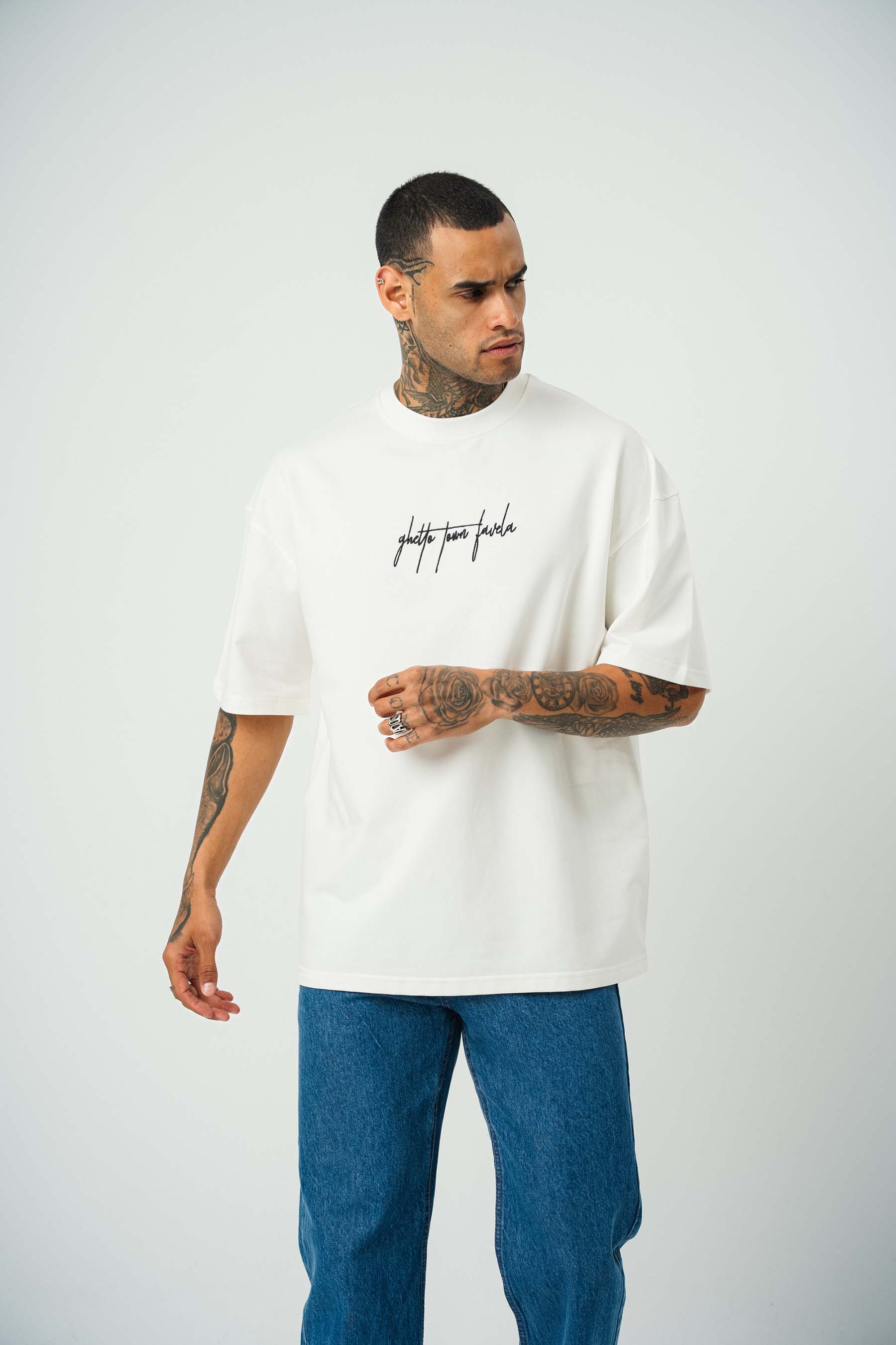 Favela Baskılı Beyaz Oversize T-Shirt
