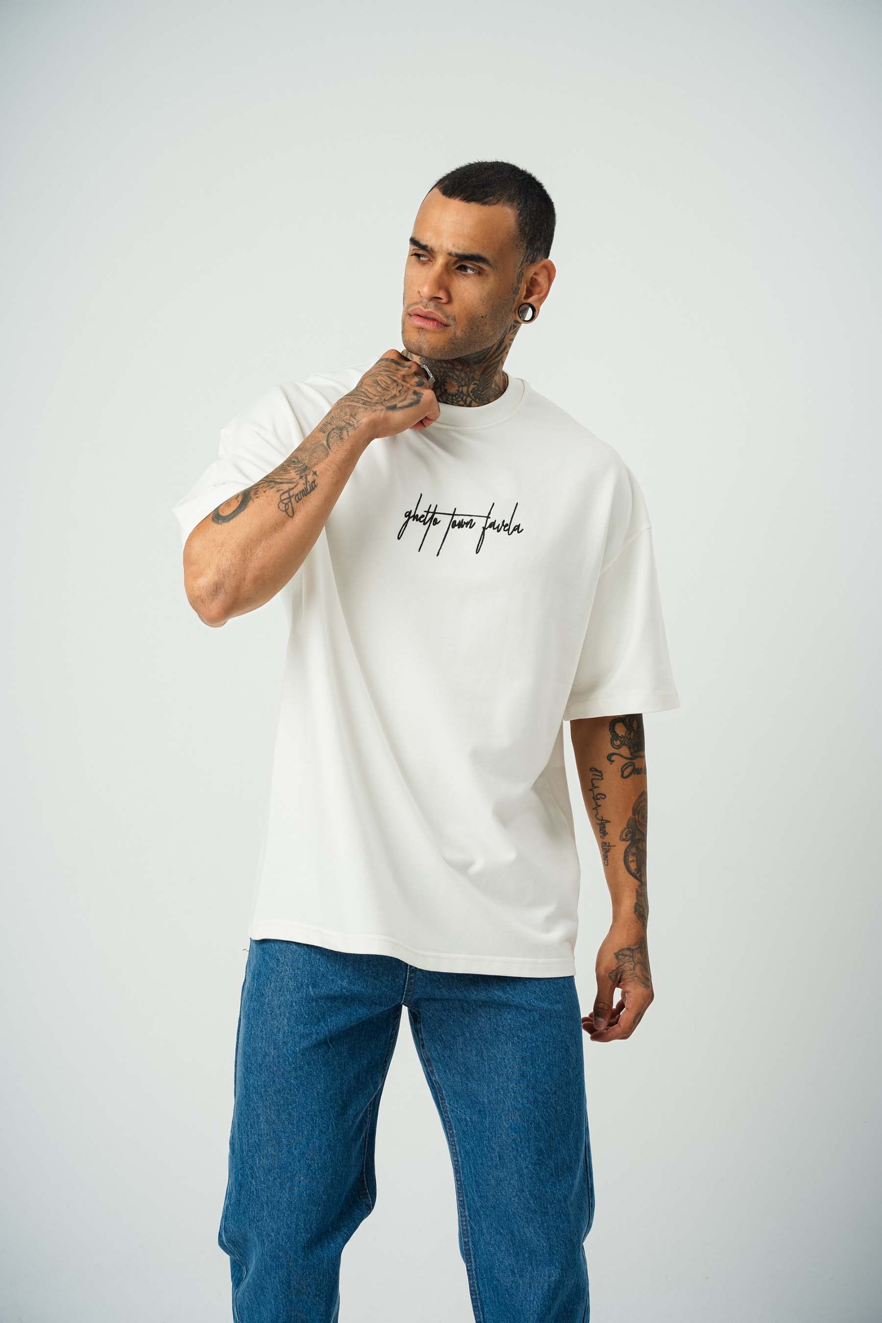 Favela Baskılı Beyaz Oversize T-Shirt