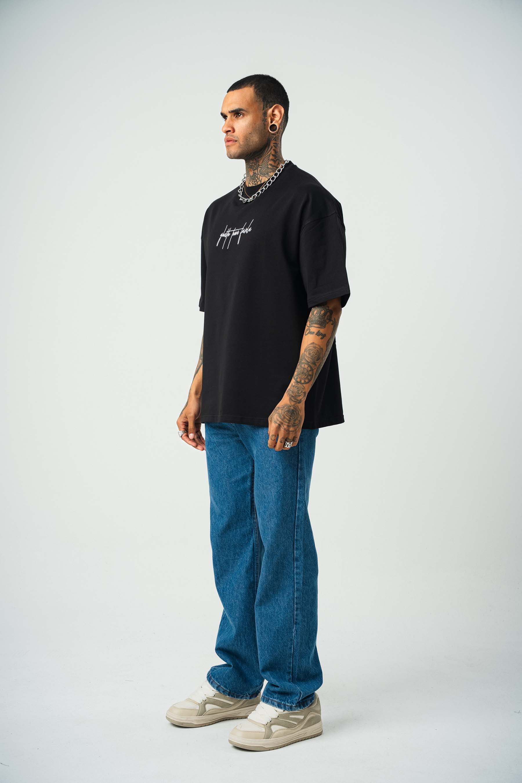 Favela Baskılı Siyah Oversize T-Shirt