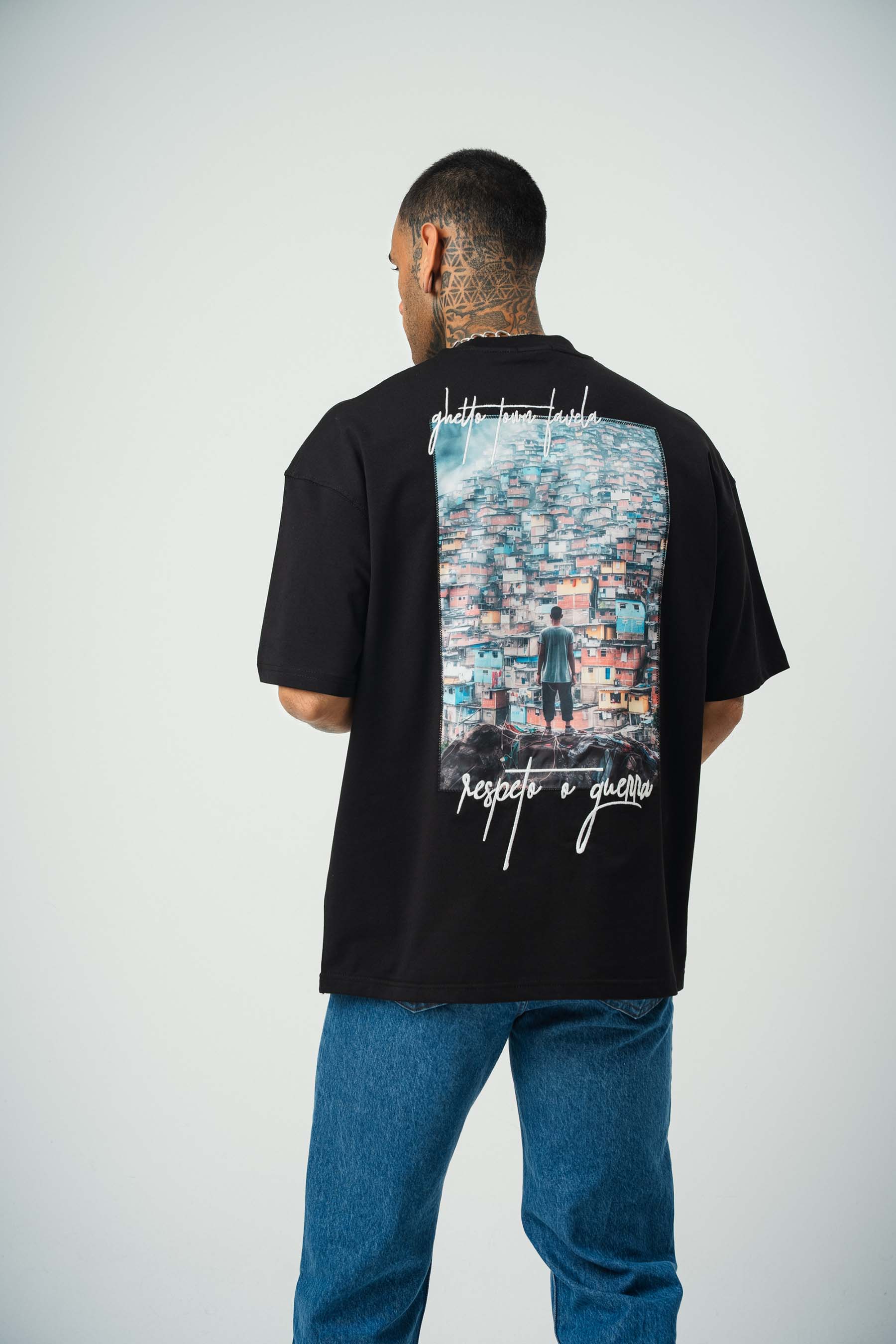Favela Baskılı Siyah Oversize T-Shirt