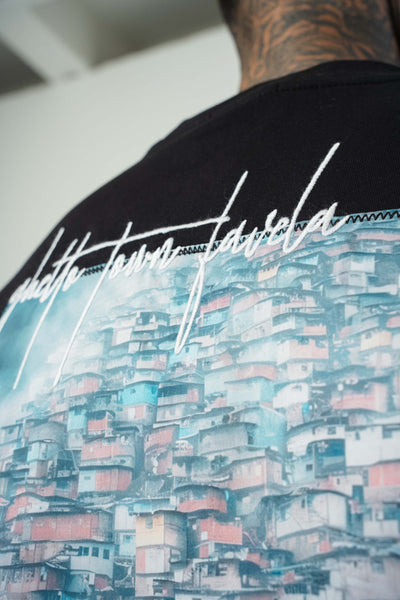 Favela Baskılı Siyah Oversize T-Shirt