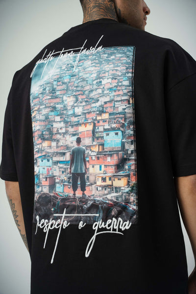 Favela Baskılı Siyah Oversize T-Shirt