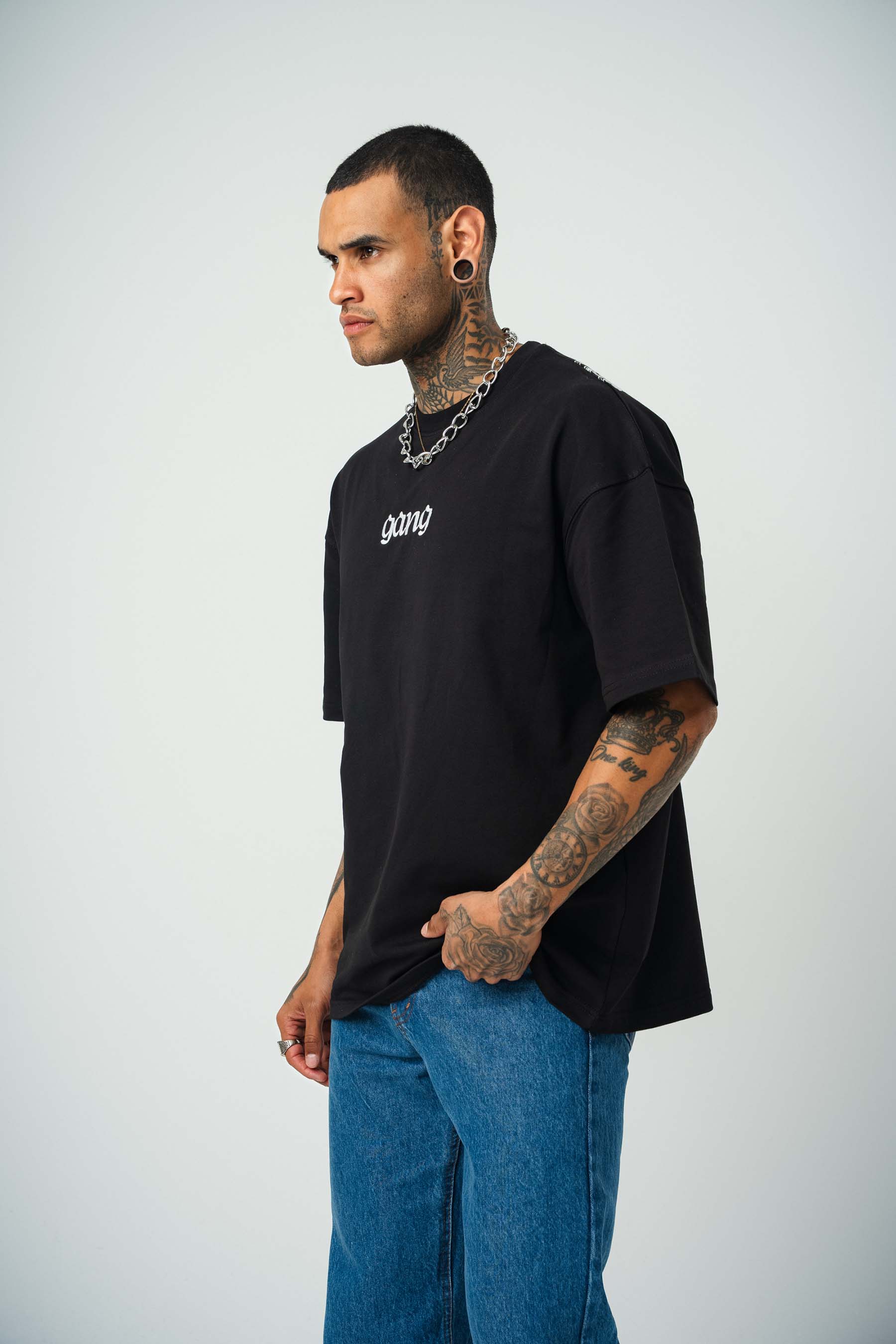 Gang Baskılı Siyah Oversize T-Shirt
