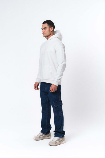Etnik Tasarım V Harfi Beyaz Oversize Hoodie