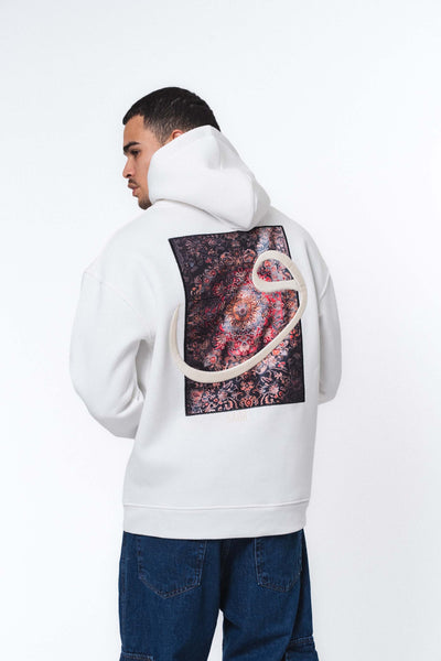 Etnik Tasarım V Harfi Beyaz Oversize Hoodie