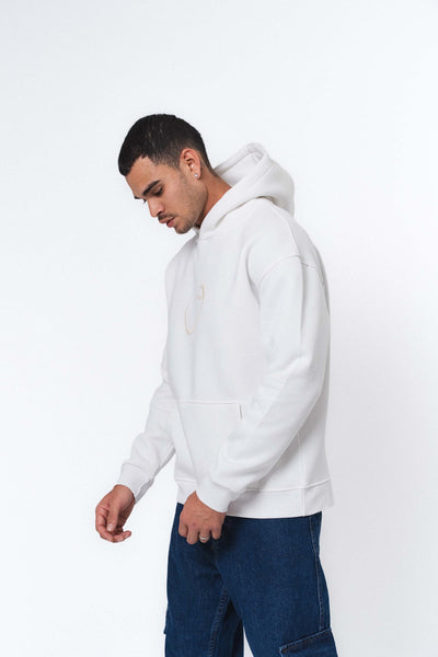 Etnik Tasarım V Harfi Beyaz Oversize Hoodie