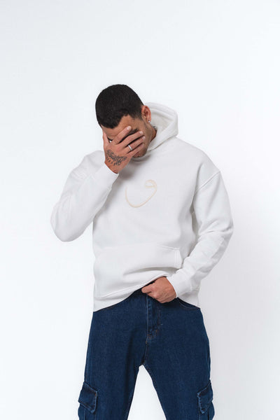 Etnik Tasarım V Harfi Beyaz Oversize Hoodie