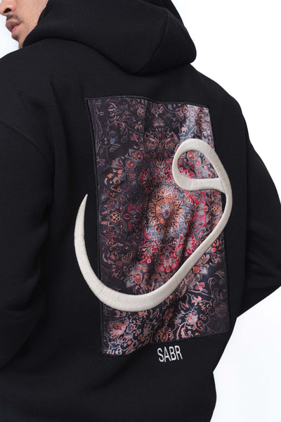 Etnik Tasarım V Harfi Siyah Oversize Hoodie