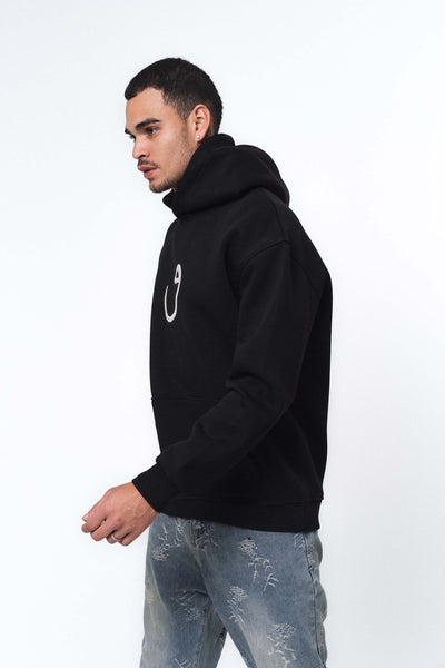 Etnik Tasarım V Harfi Siyah Oversize Hoodie